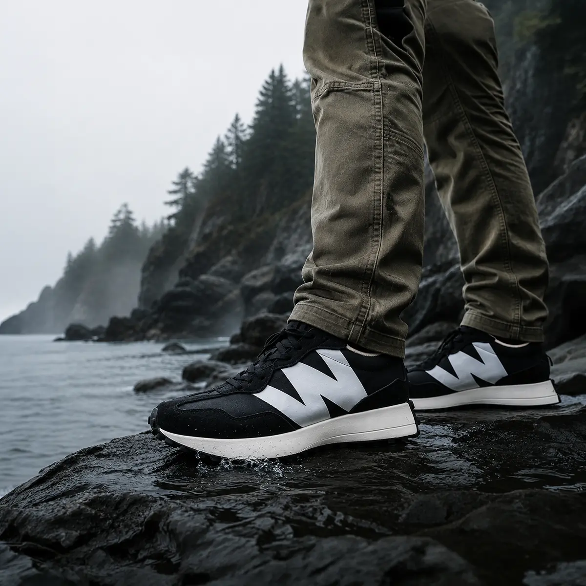 Woodland sneakers on a rugged coastal trail