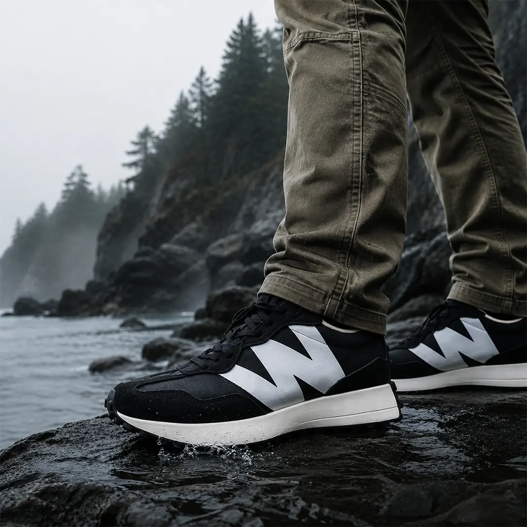 Woodland sneakers on a rugged coastal trail
