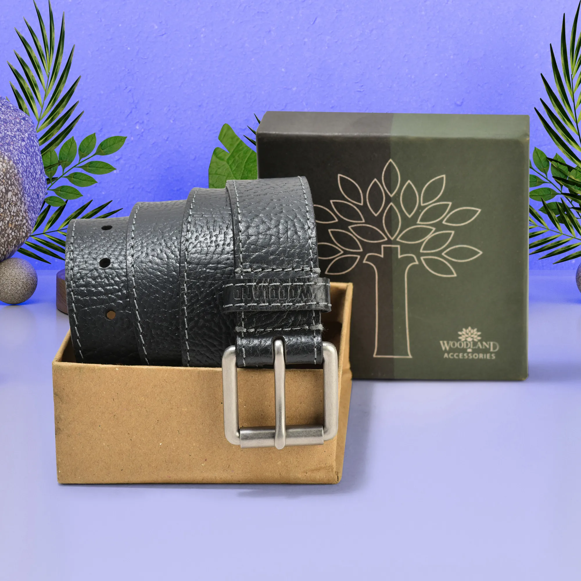 Woodland Men Black Leather Belt - Thumbnail 4