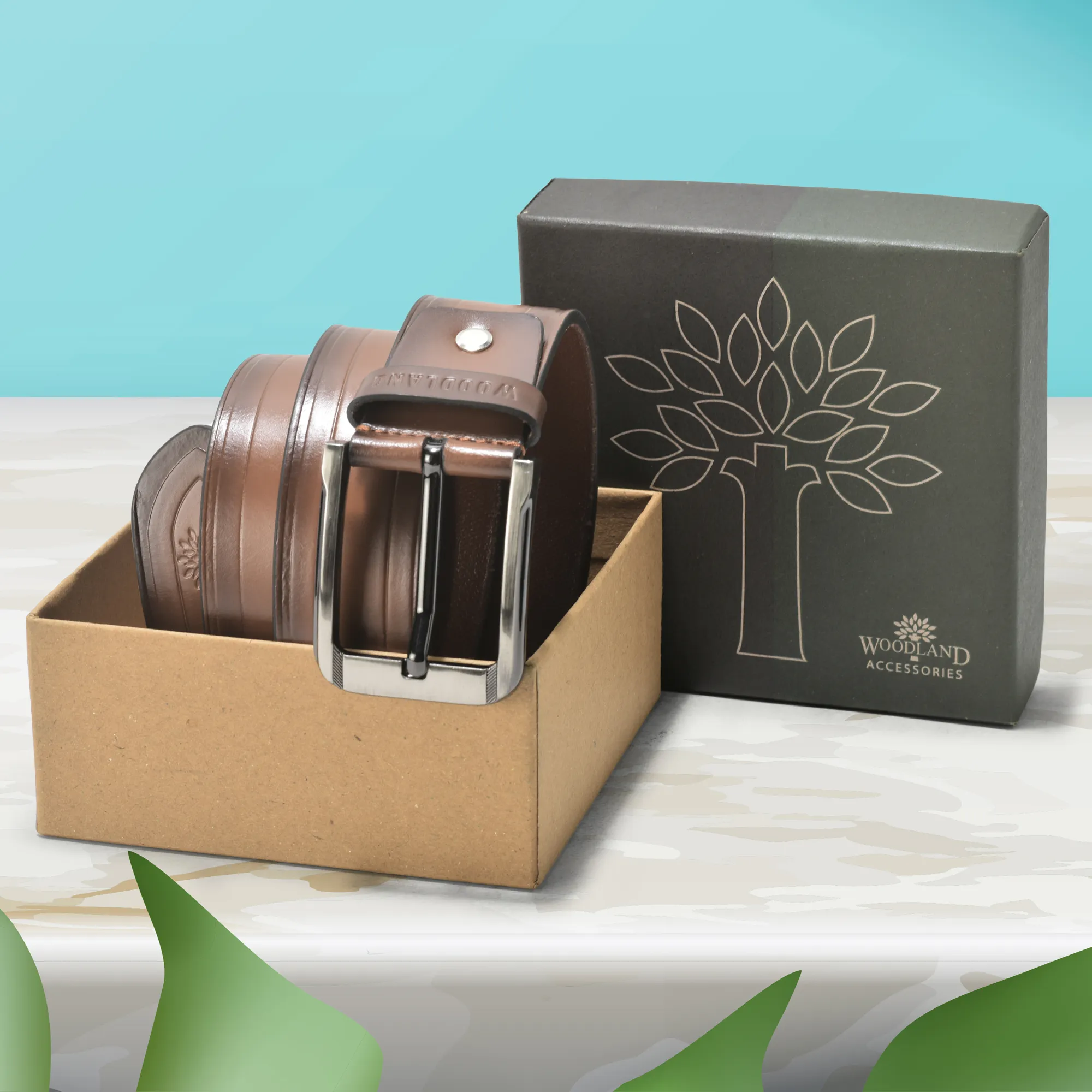 Woodland Tan Brown Men Leather Belt - Thumbnail 5