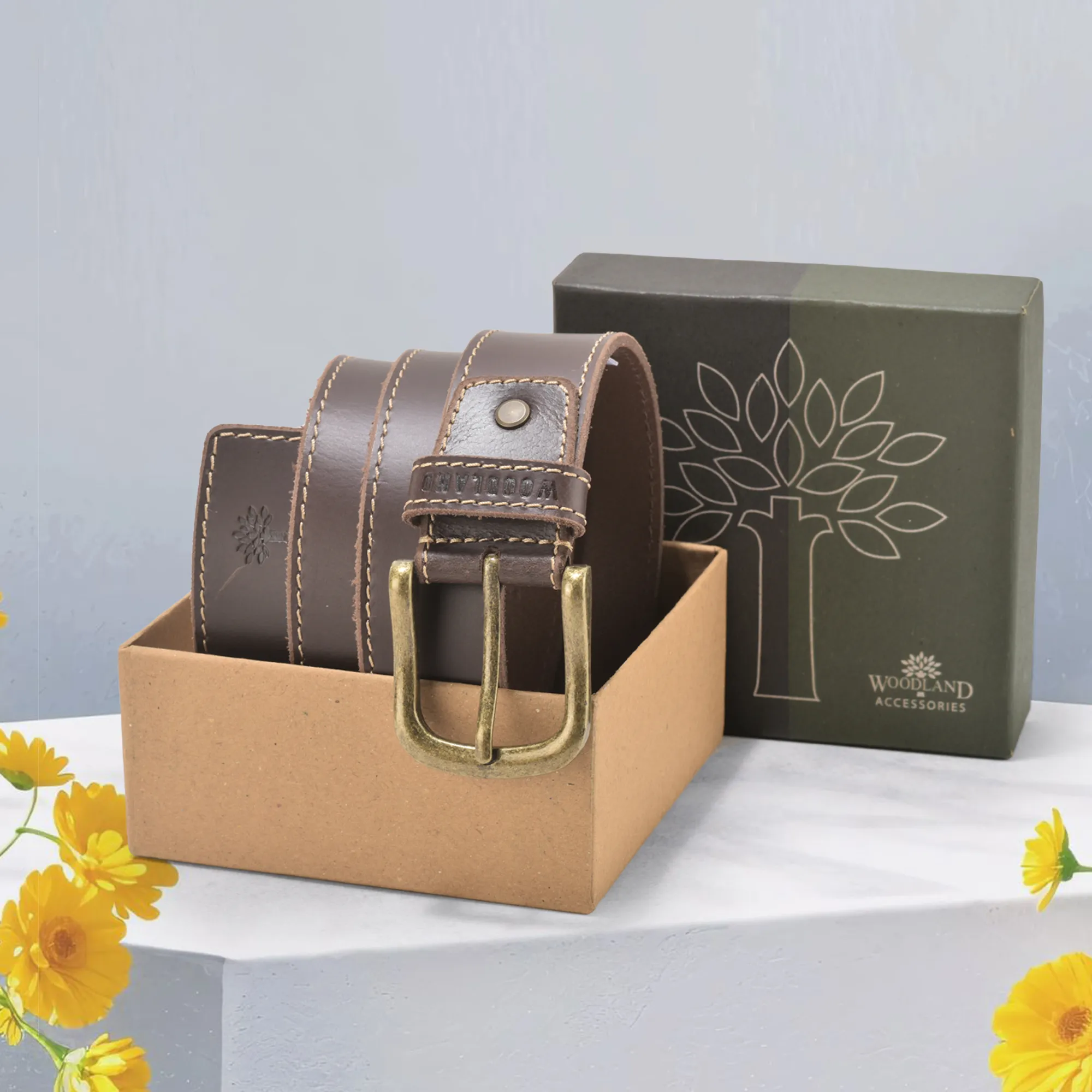 Double Side Border Brown Leather Belt - Thumbnail 5