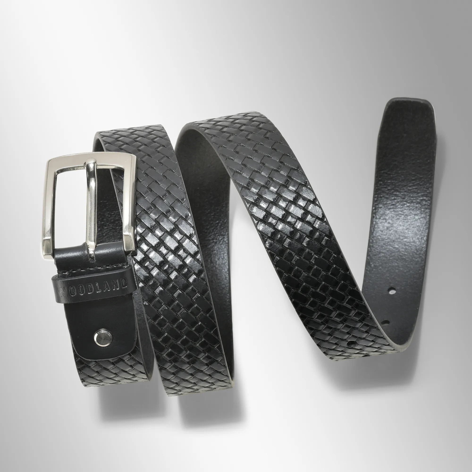 Woodland Embossed Grid Deisgn Black Leather Belt  - Thumbnail 4