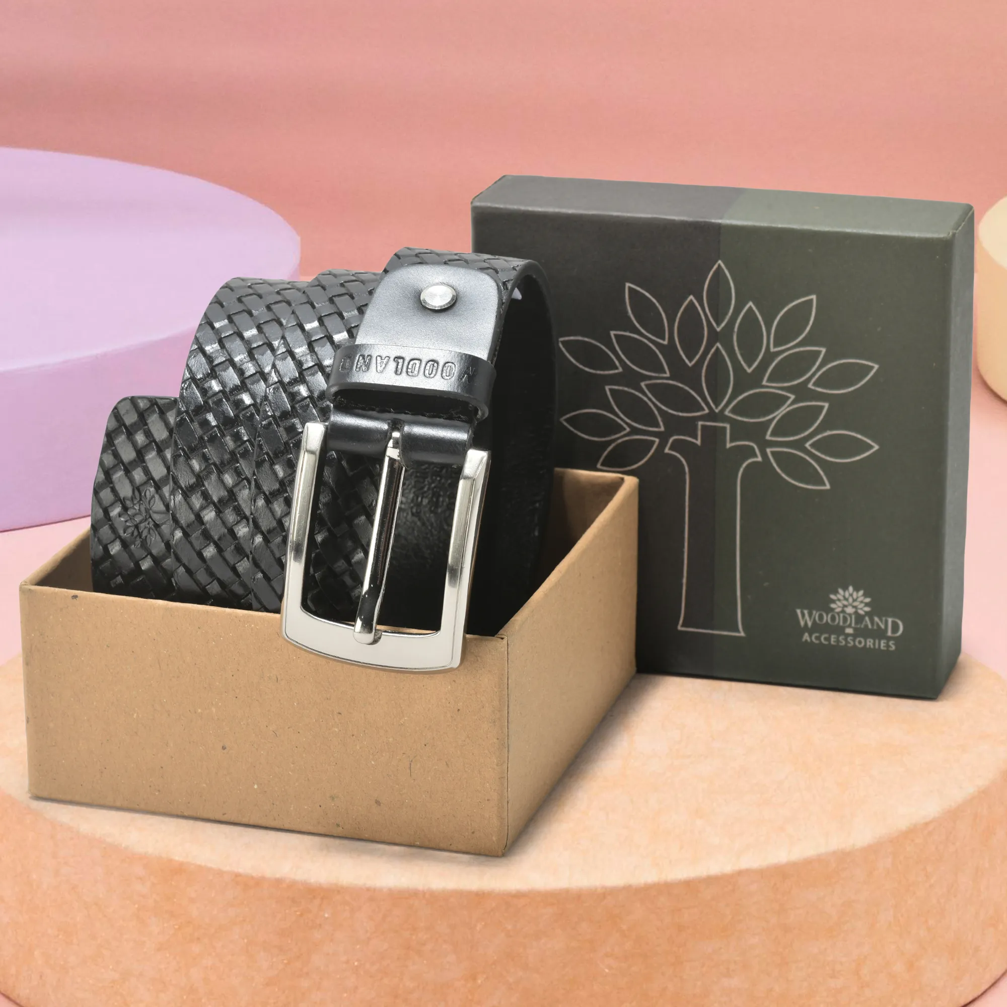 Woodland Embossed Grid Deisgn Black Leather Belt  - Thumbnail 5