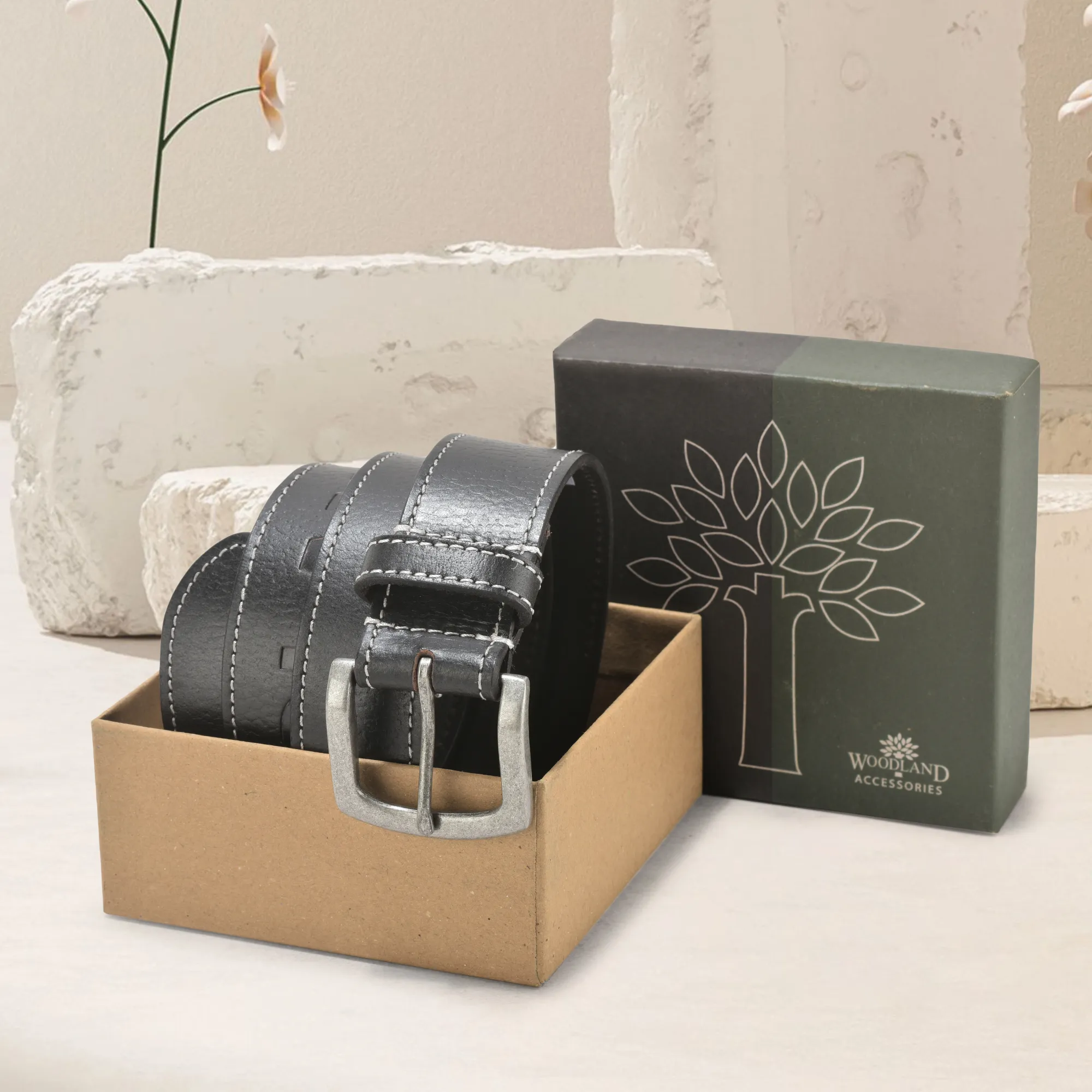 Woodland Black Softy Leather Belt For Men - Thumbnail 5