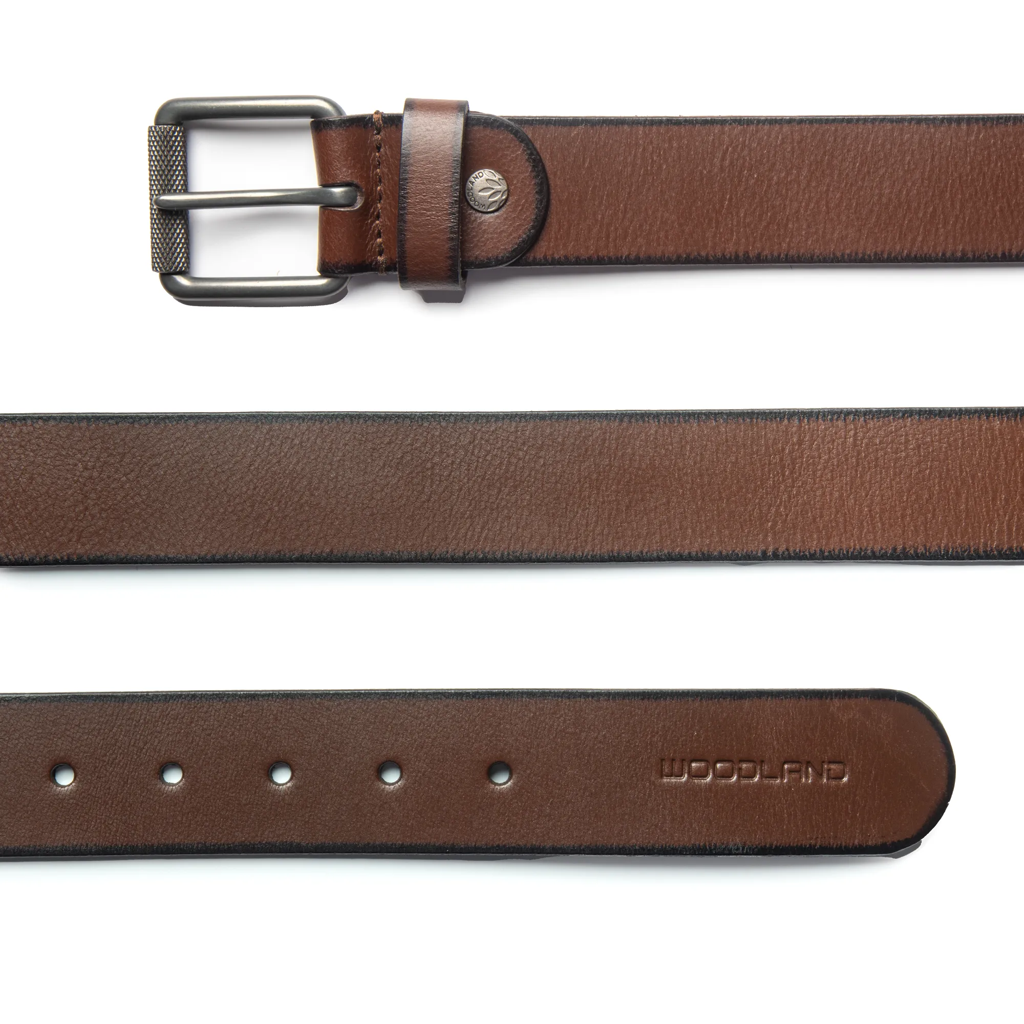 Woodland Men Brown Leather Belt with Metal Buckle - Thumbnail 2