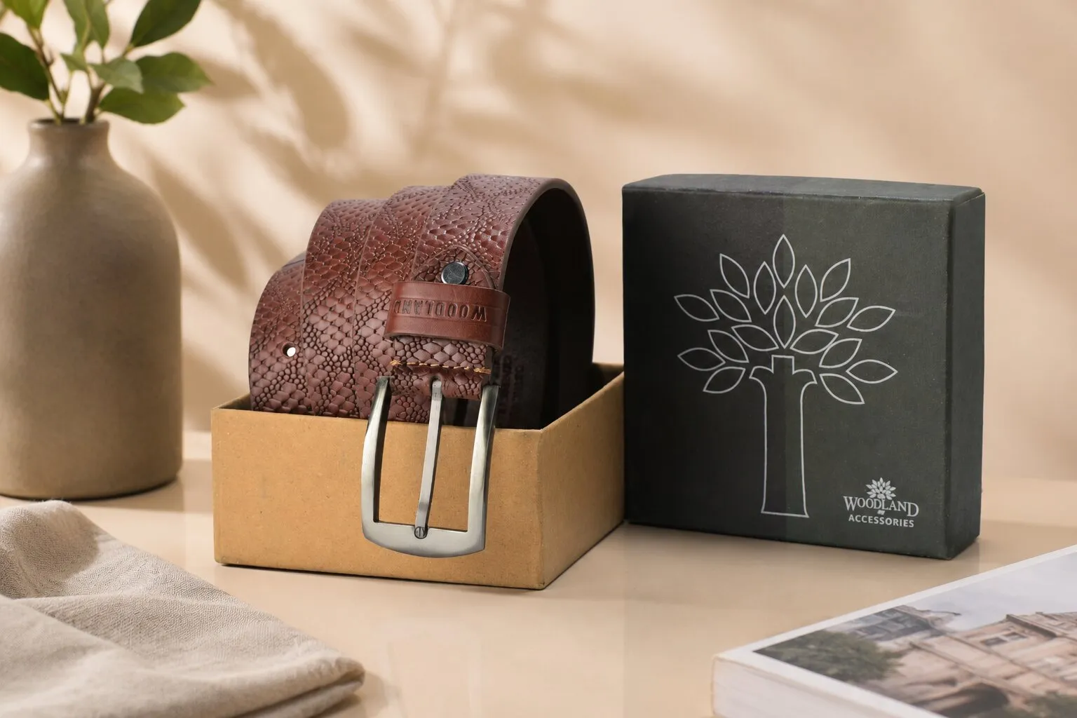 Woodland Men Tan Textured Leather Belt - Thumbnail 3