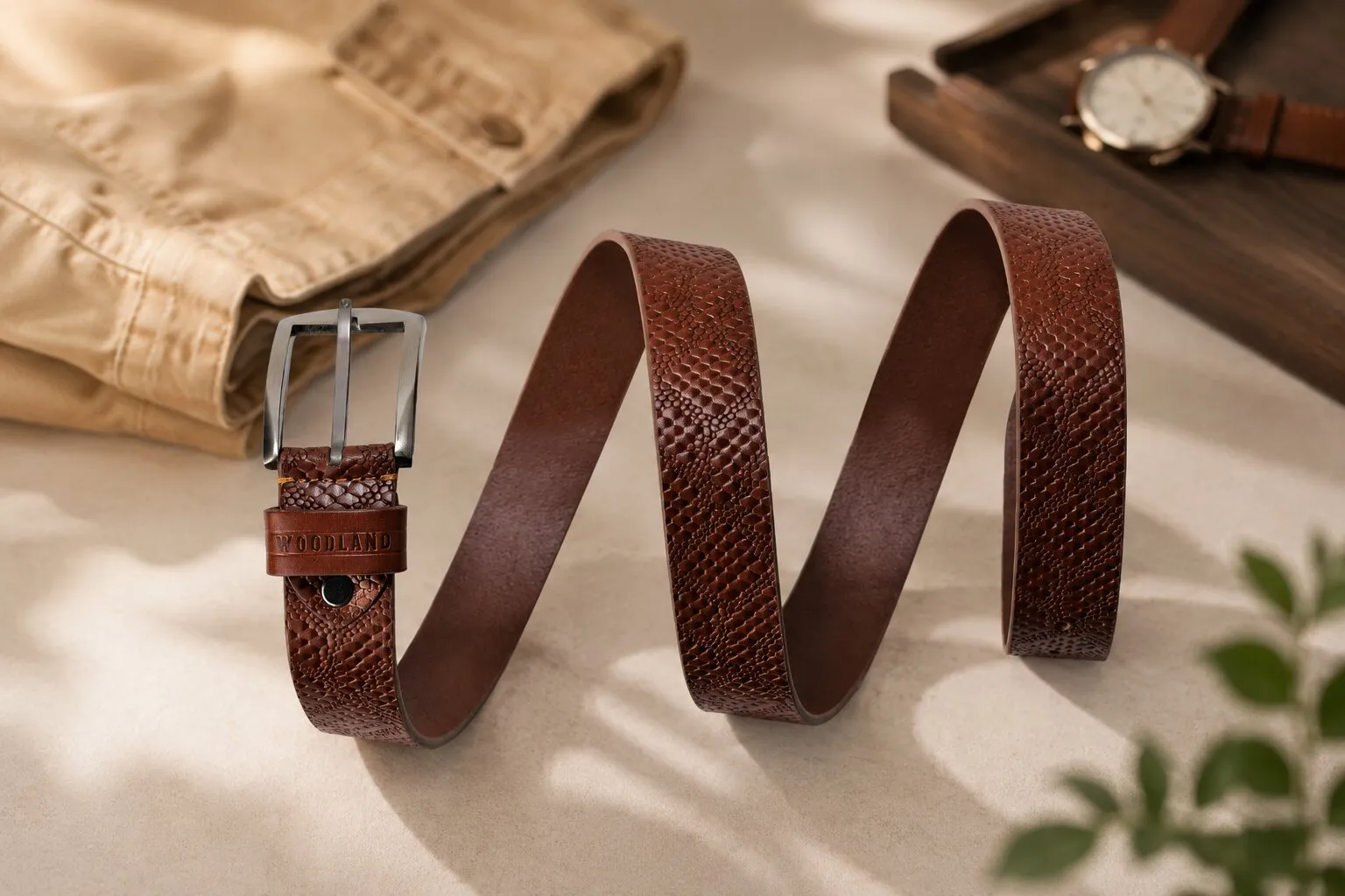 Woodland Men Tan Textured Leather Belt - Thumbnail 4