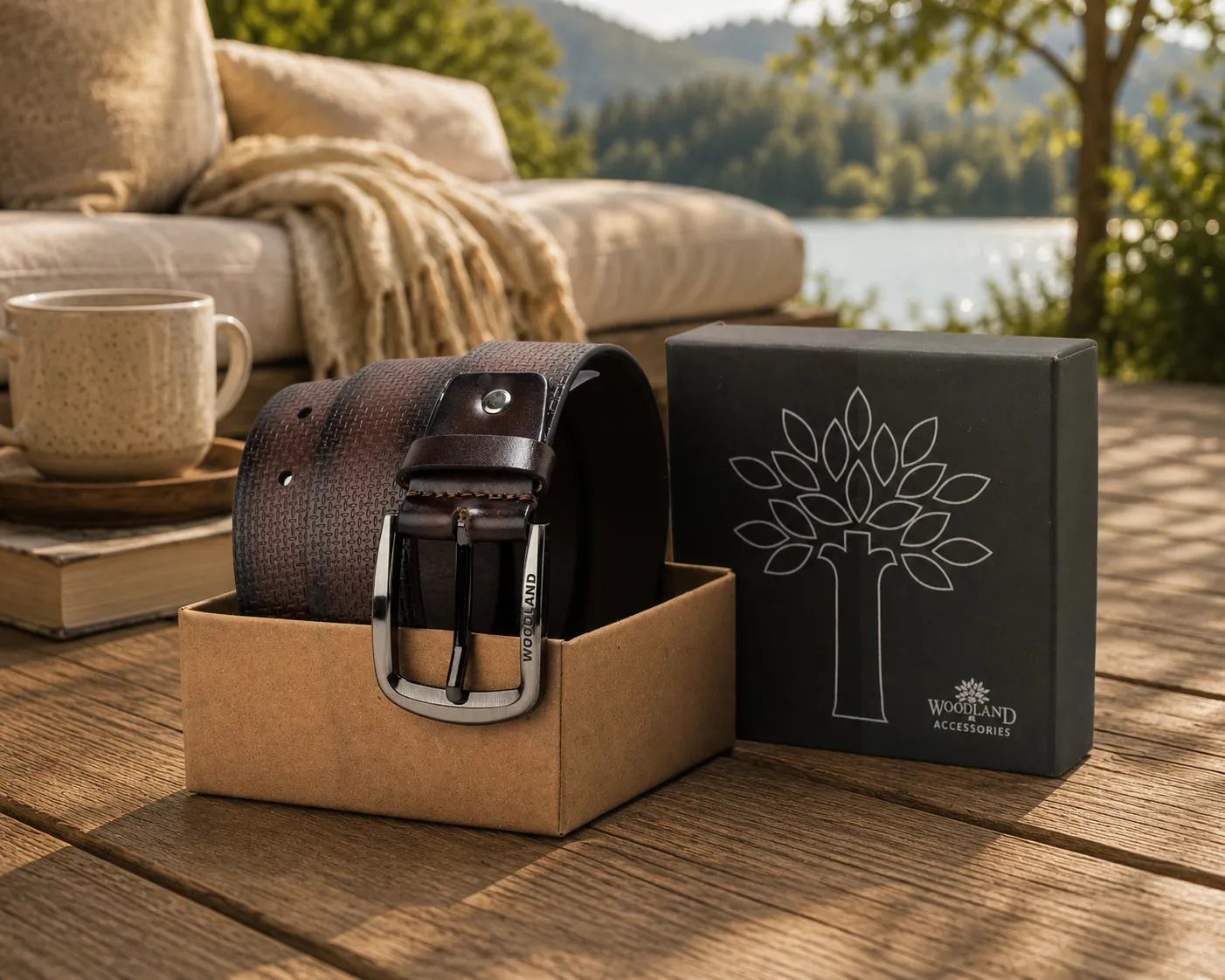 Woodland Men Brown Leather Signature Textured Belt - Thumbnail 2