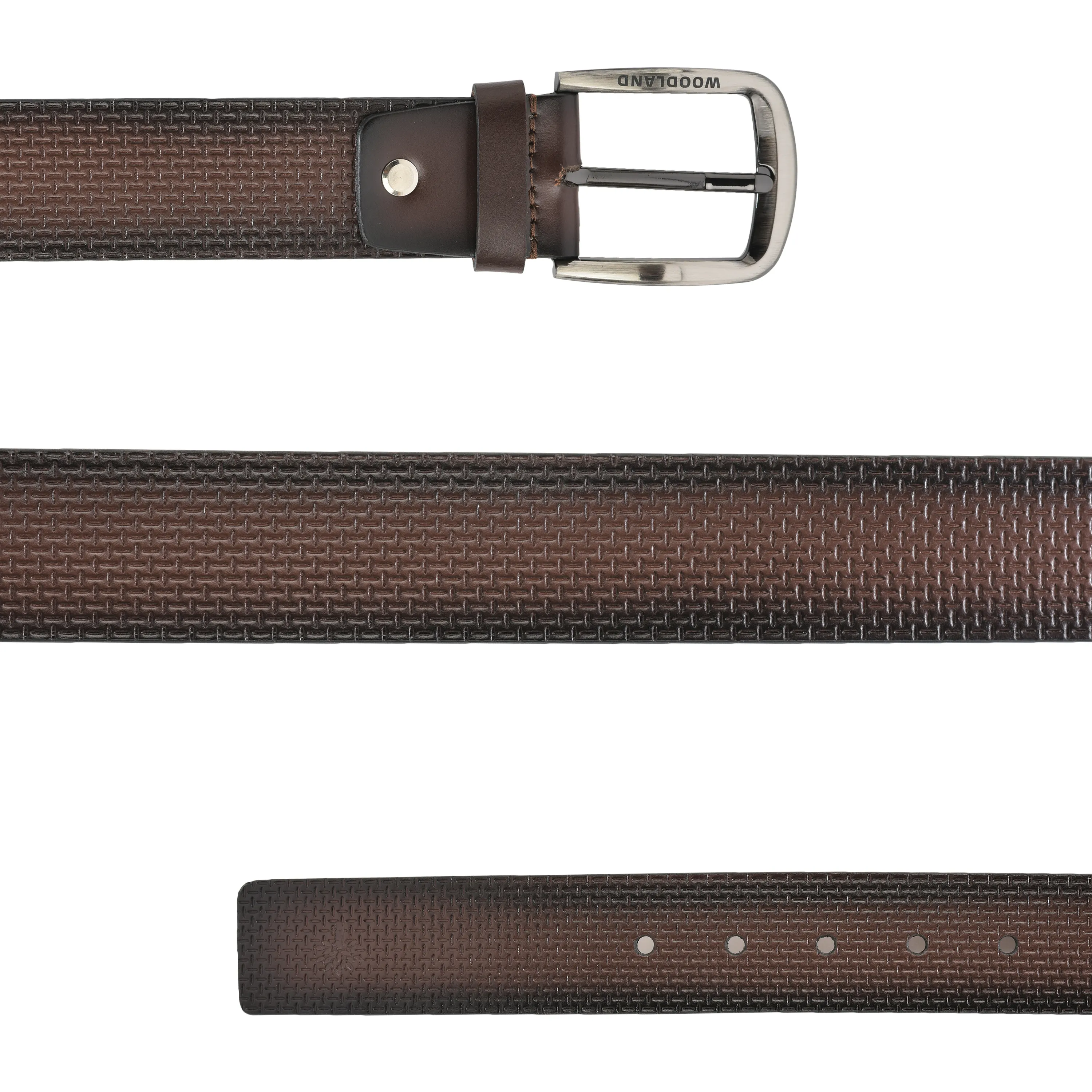 Woodland Men Brown Leather Signature Textured Belt - Thumbnail 3