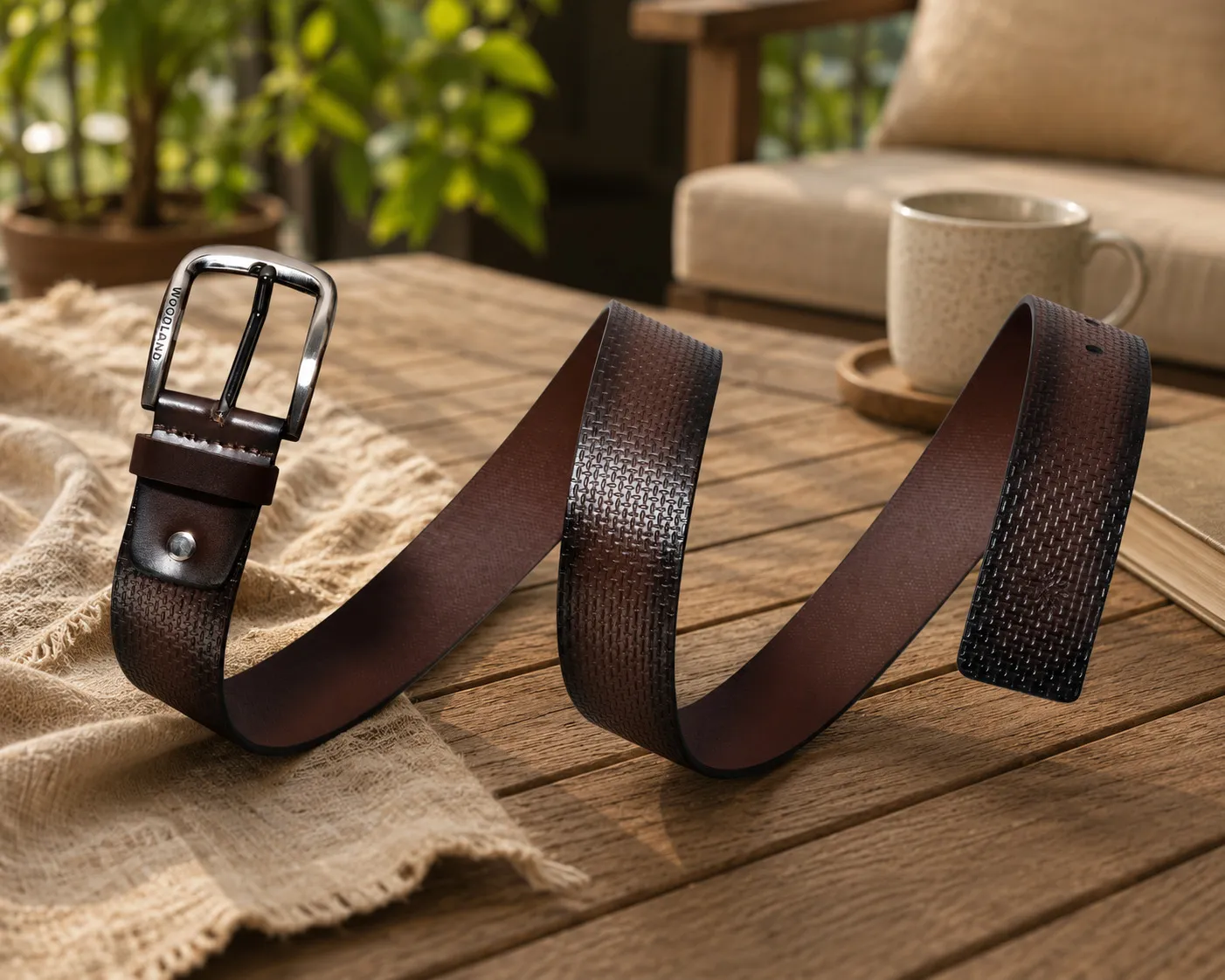 Woodland Men Brown Leather Signature Textured Belt - Thumbnail 5