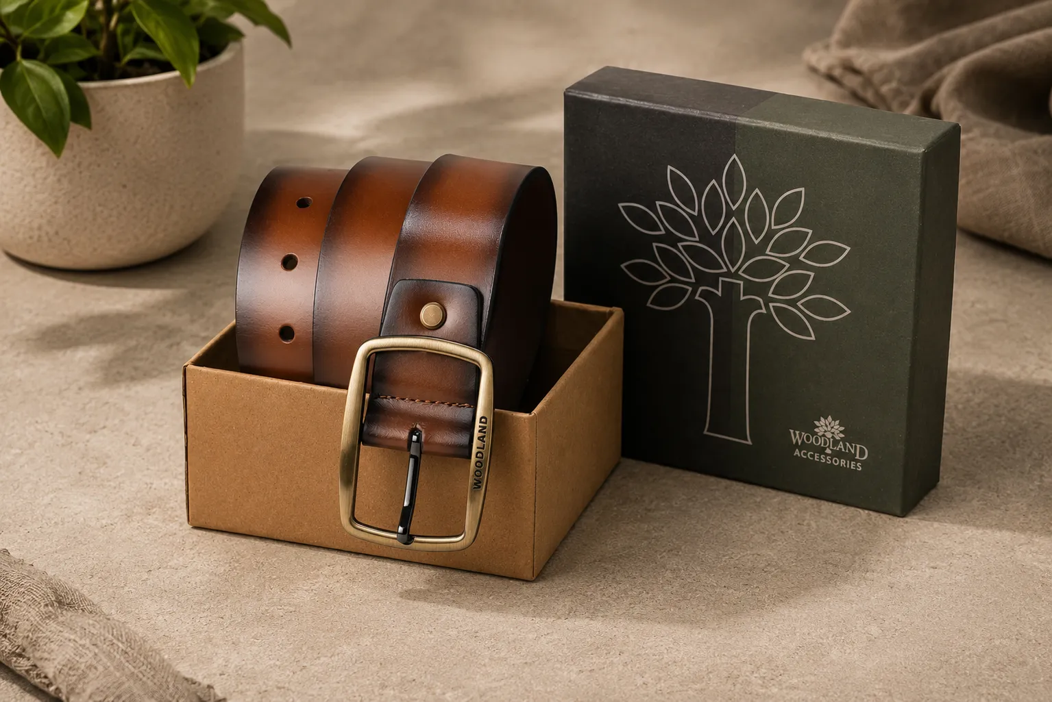 Woodland Men Tan Leather Belt with Antique Brass Buckle - Thumbnail 2