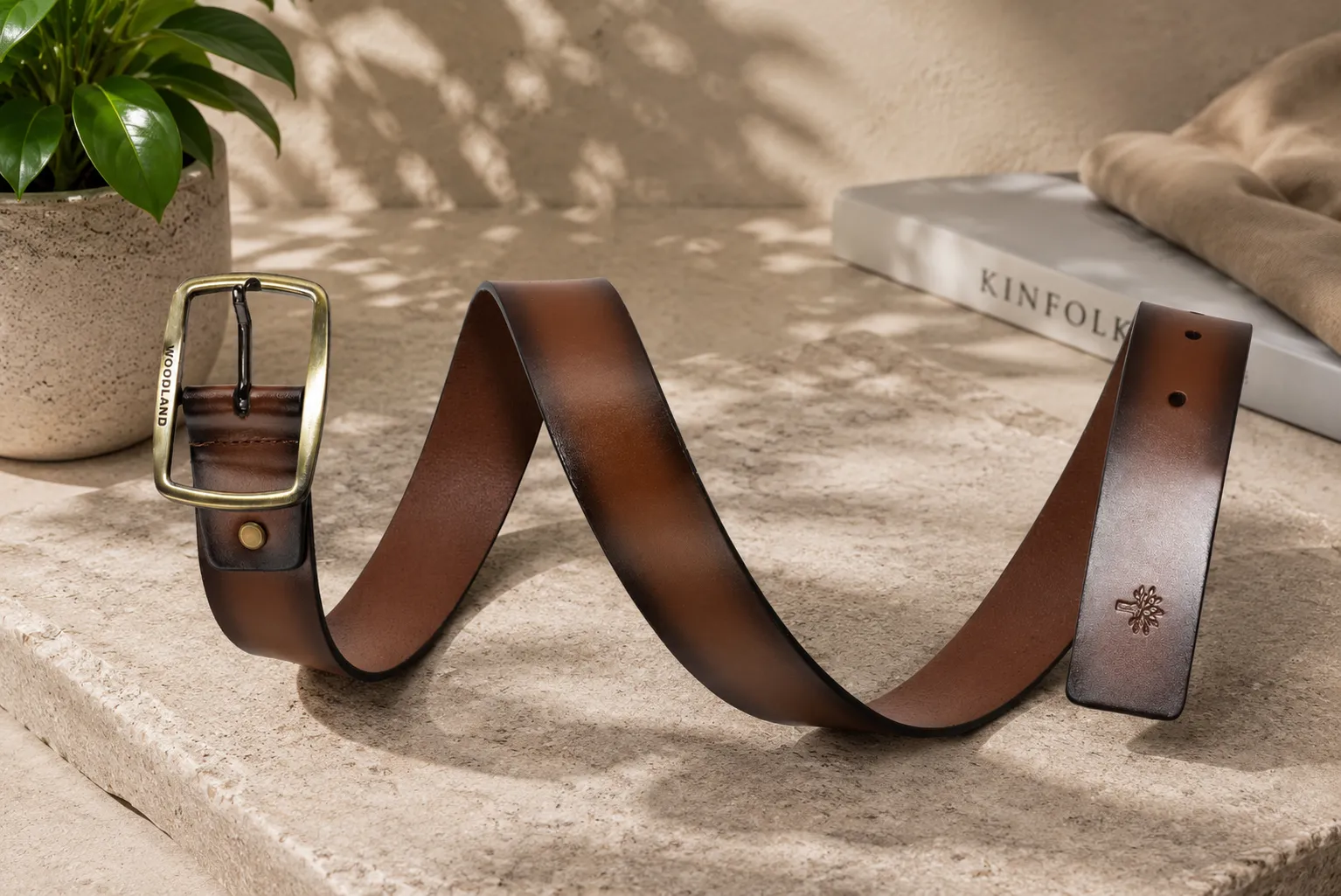 Woodland Men Tan Leather Belt with Antique Brass Buckle - Thumbnail 5