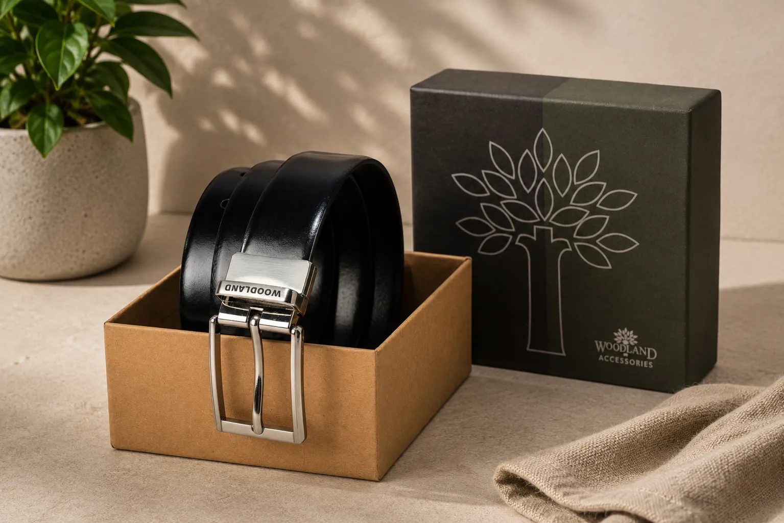       Woodland Men Black/Brown Leather Belt with Sleek Metallic Buckle - Thumbnail 2
