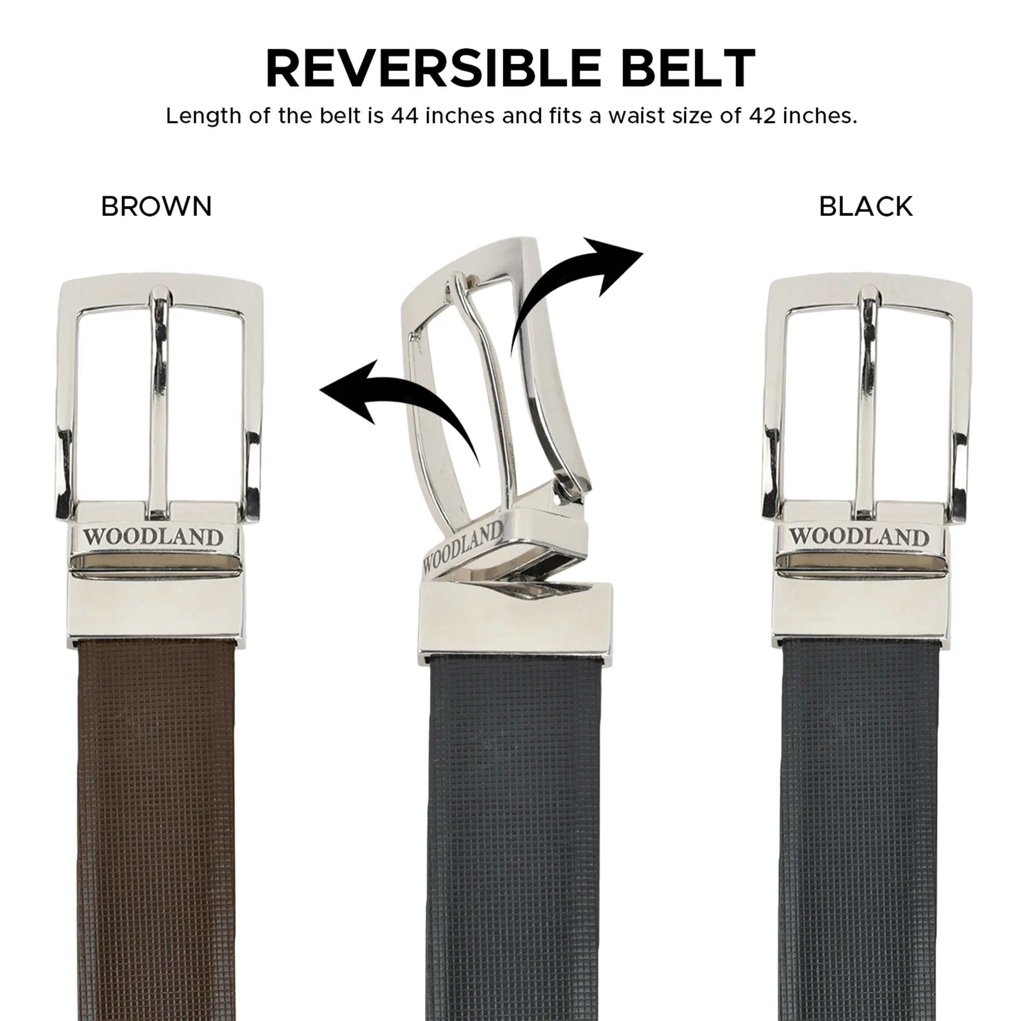       Woodland Men Black/Brown Leather Belt with Sleek Metallic Buckle - Thumbnail 3