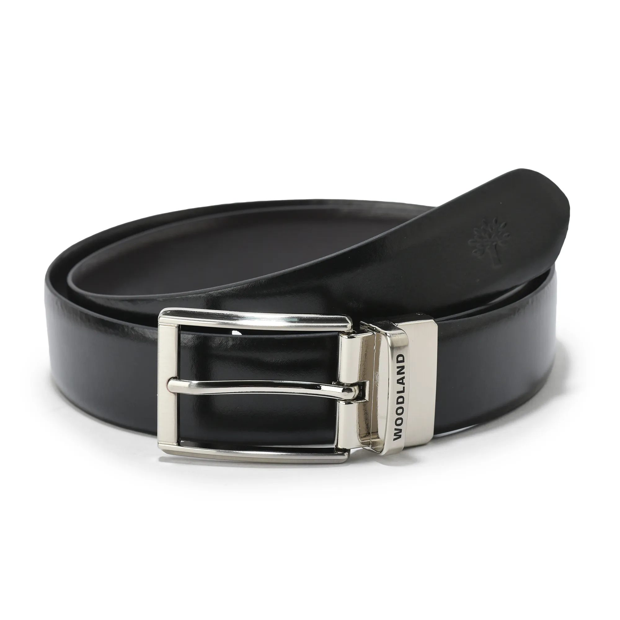       Woodland Men Black/Brown Leather Belt with Sleek Metallic Buckle - Thumbnail 5