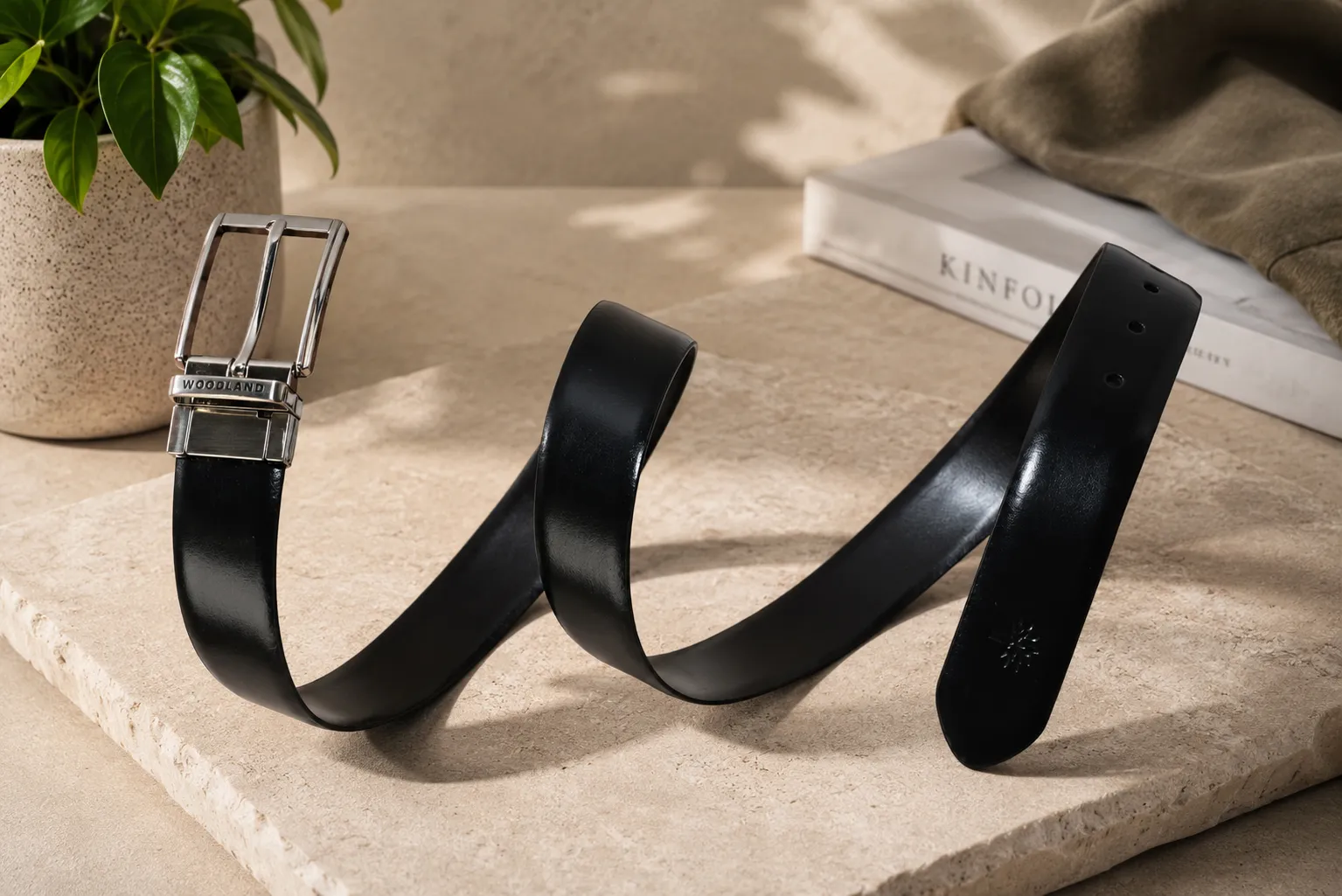       Woodland Men Black/Brown Leather Belt with Sleek Metallic Buckle - Thumbnail 7