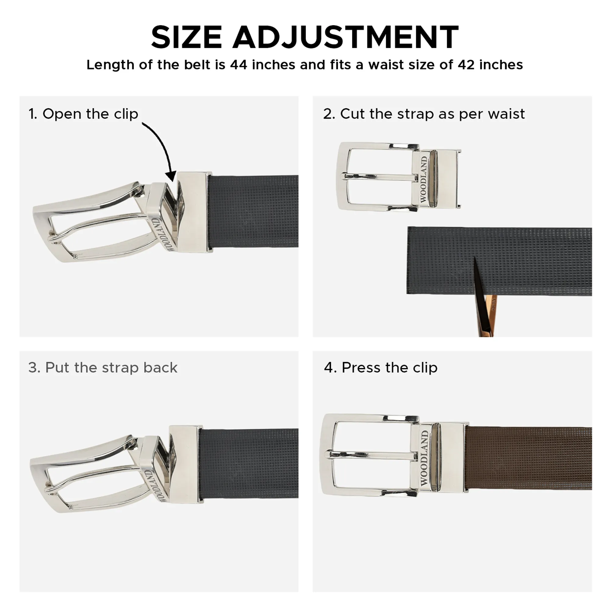       Woodland Men Black/Brown Leather Belt with Sleek Metallic Buckle - Thumbnail 10