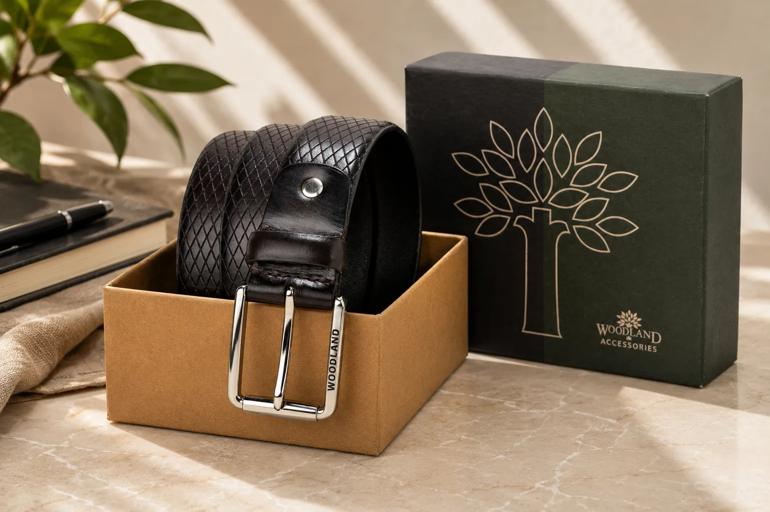 Woodland Men Brown Patterned Leather Belt - Thumbnail 2