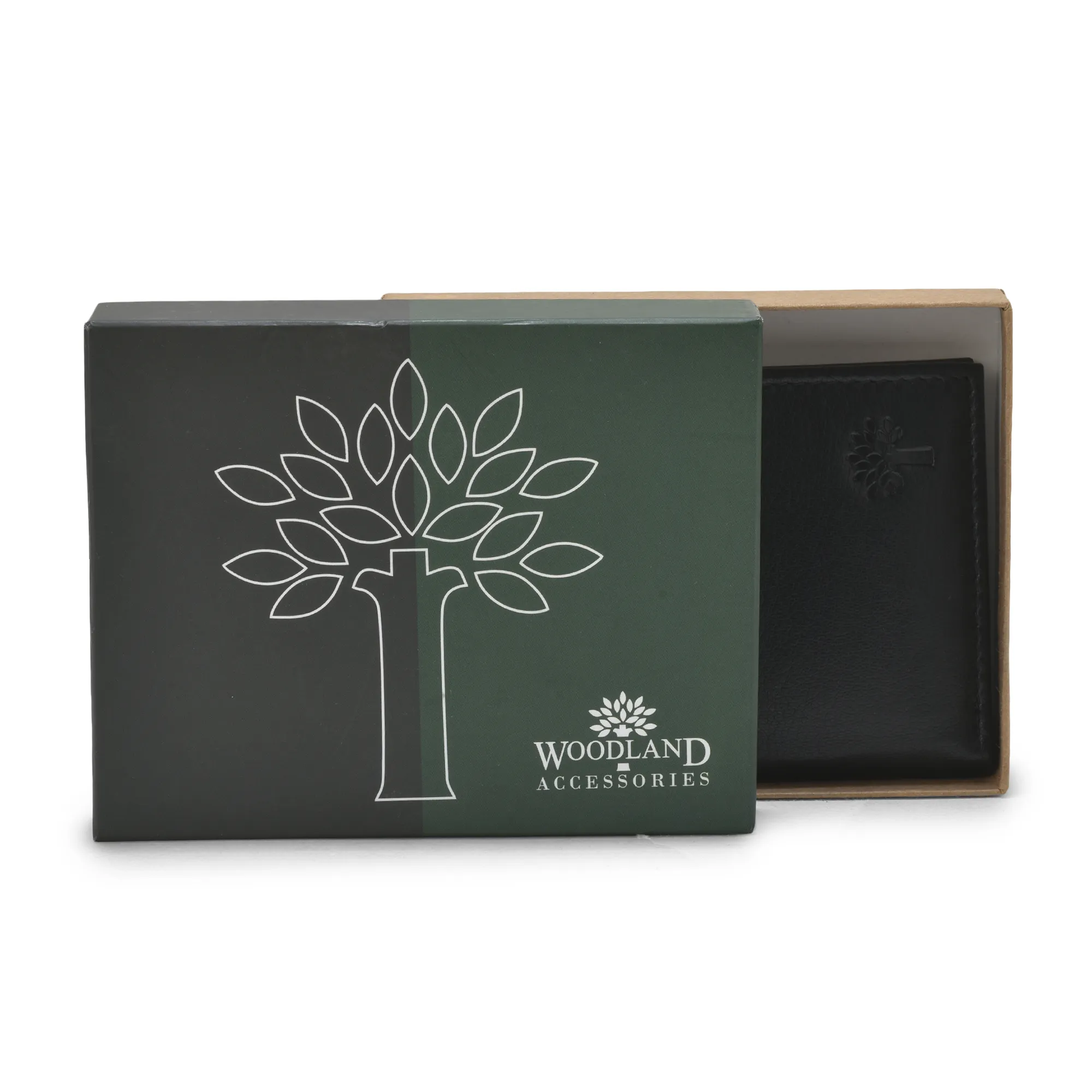 Woodland Black Embossed Unisex Leather Wallet - Thumbnail 6