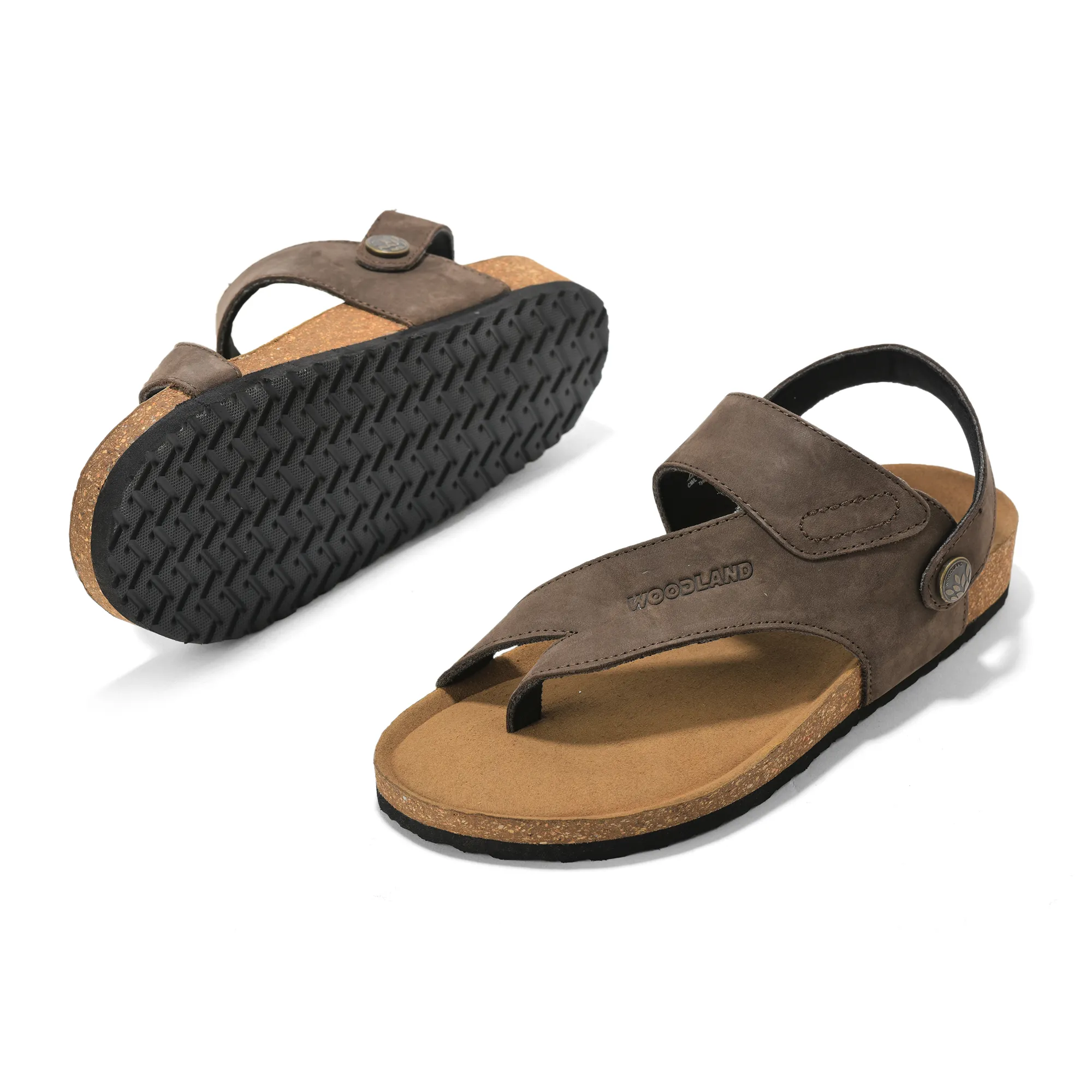 Woodland Men Brown Nubuck Leather Sandals with Heel Strap - Thumbnail 6