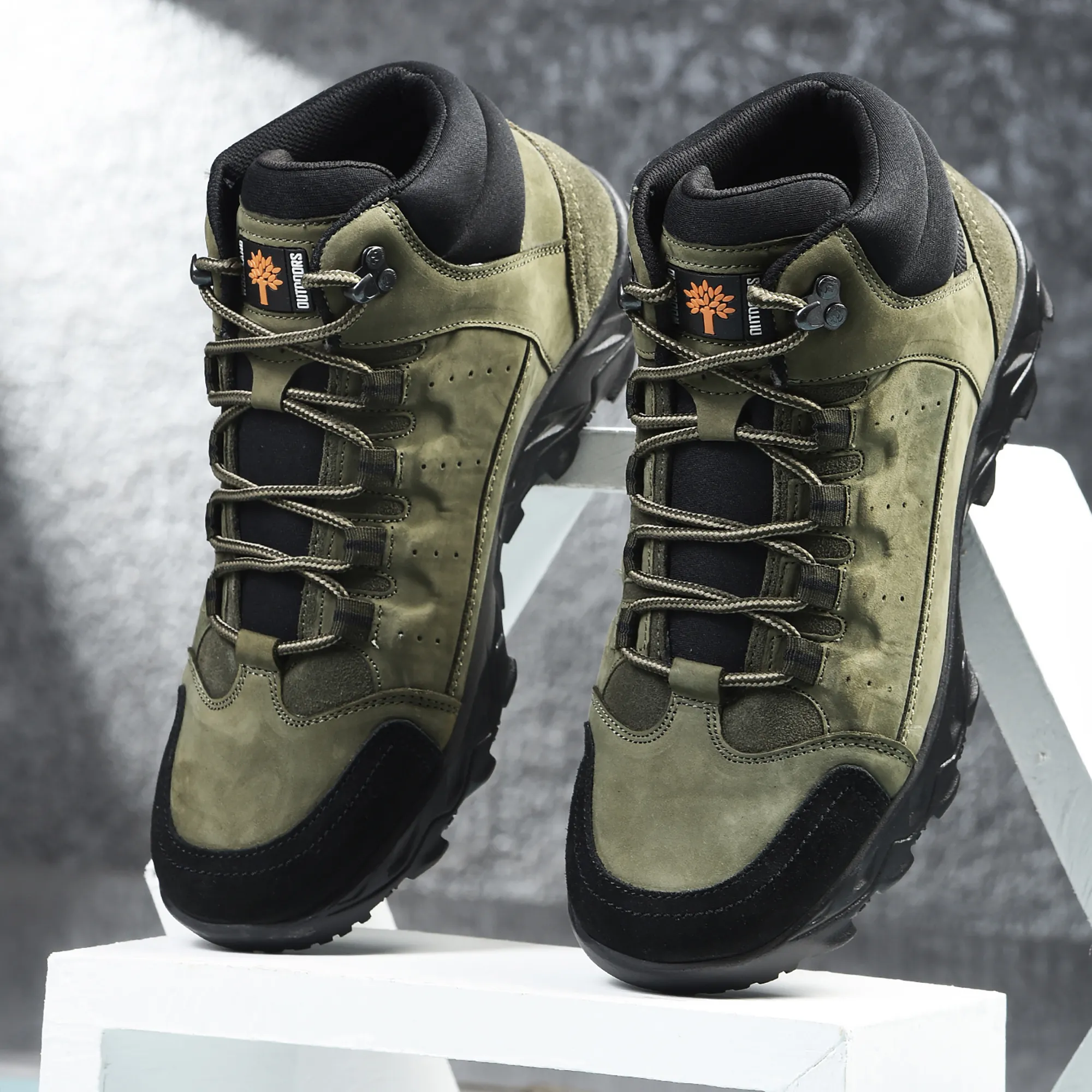 Men Olive Nubuck Leather Casual Boots - Thumbnail 9