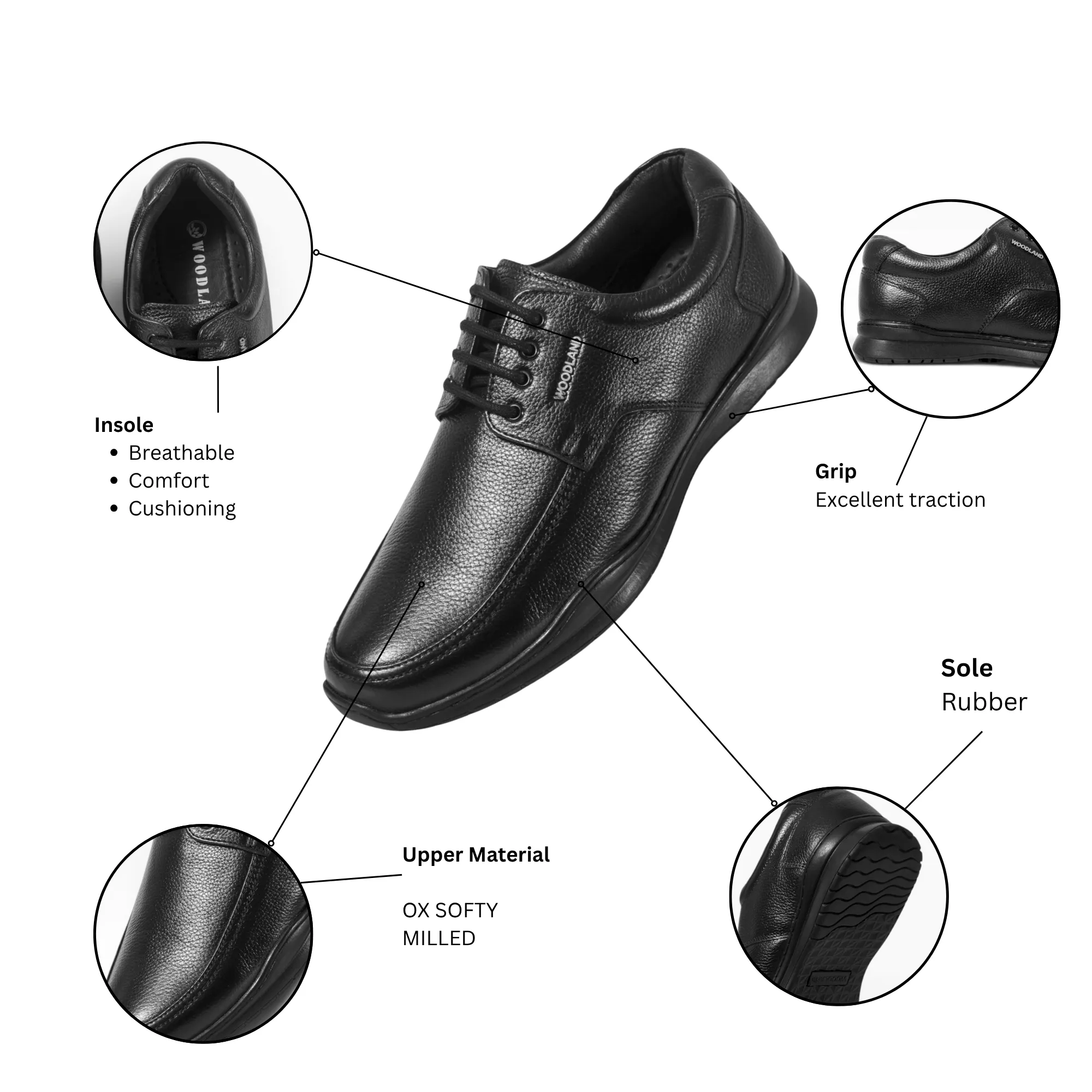 Woodland Men Softy Milled Black Leather Casual Lace-Up Shoe - Thumbnail 13