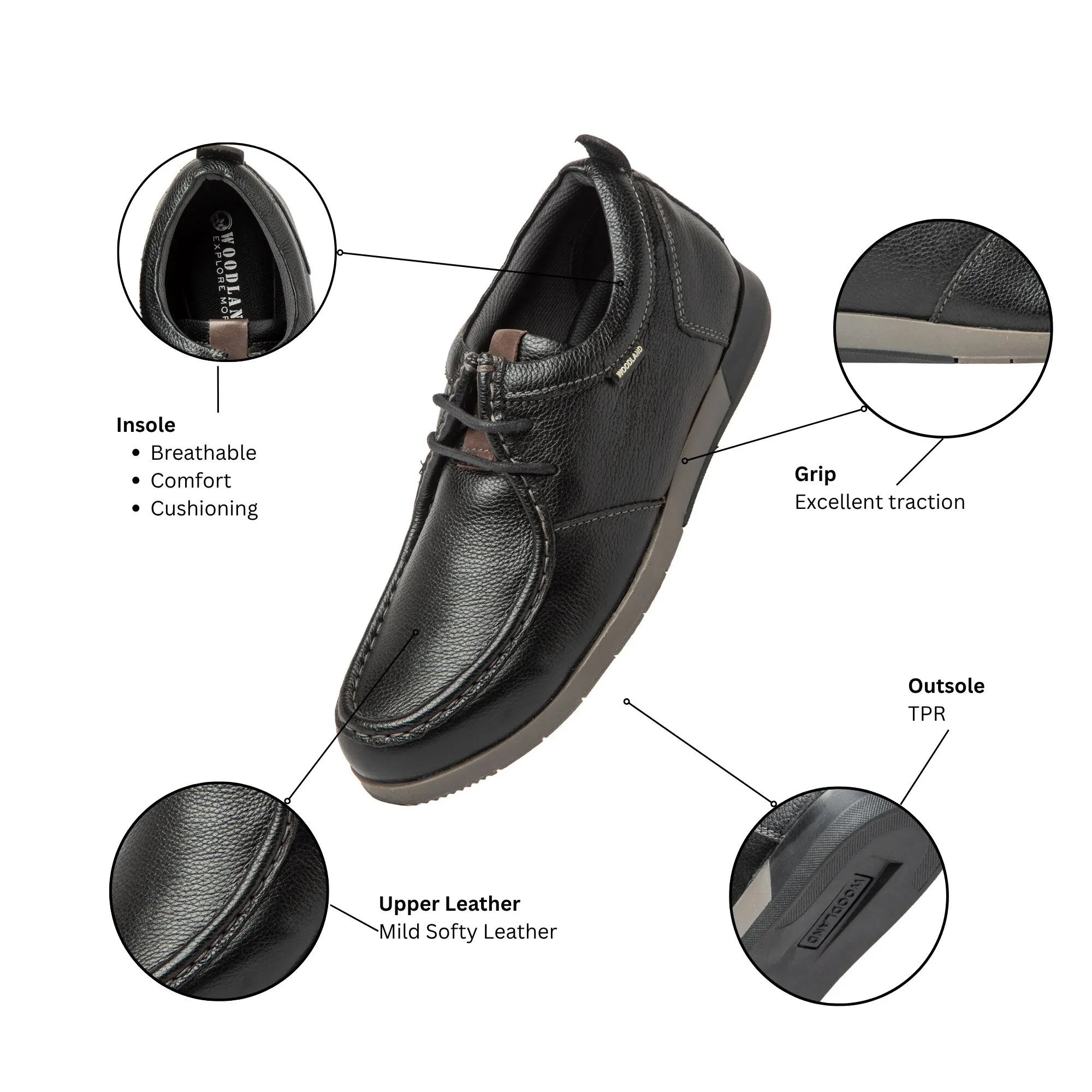 Woodland Softy Black Casual Lace Up Shoes - Thumbnail 10
