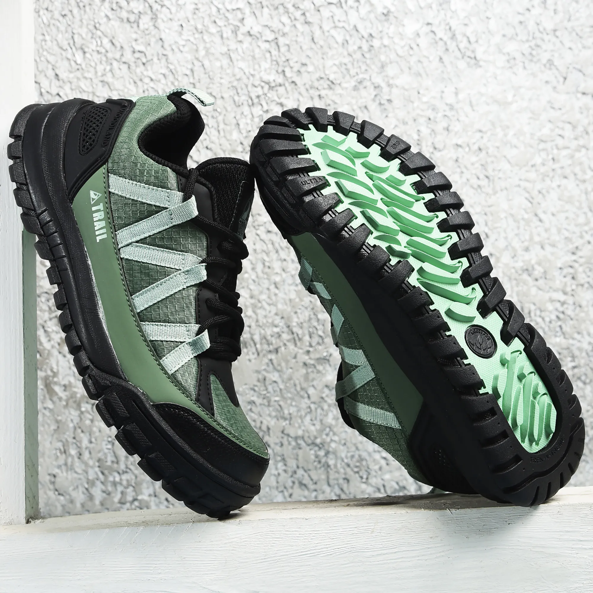 Woodland Men Olive Mesh PU Hiking Shoes - Thumbnail 9