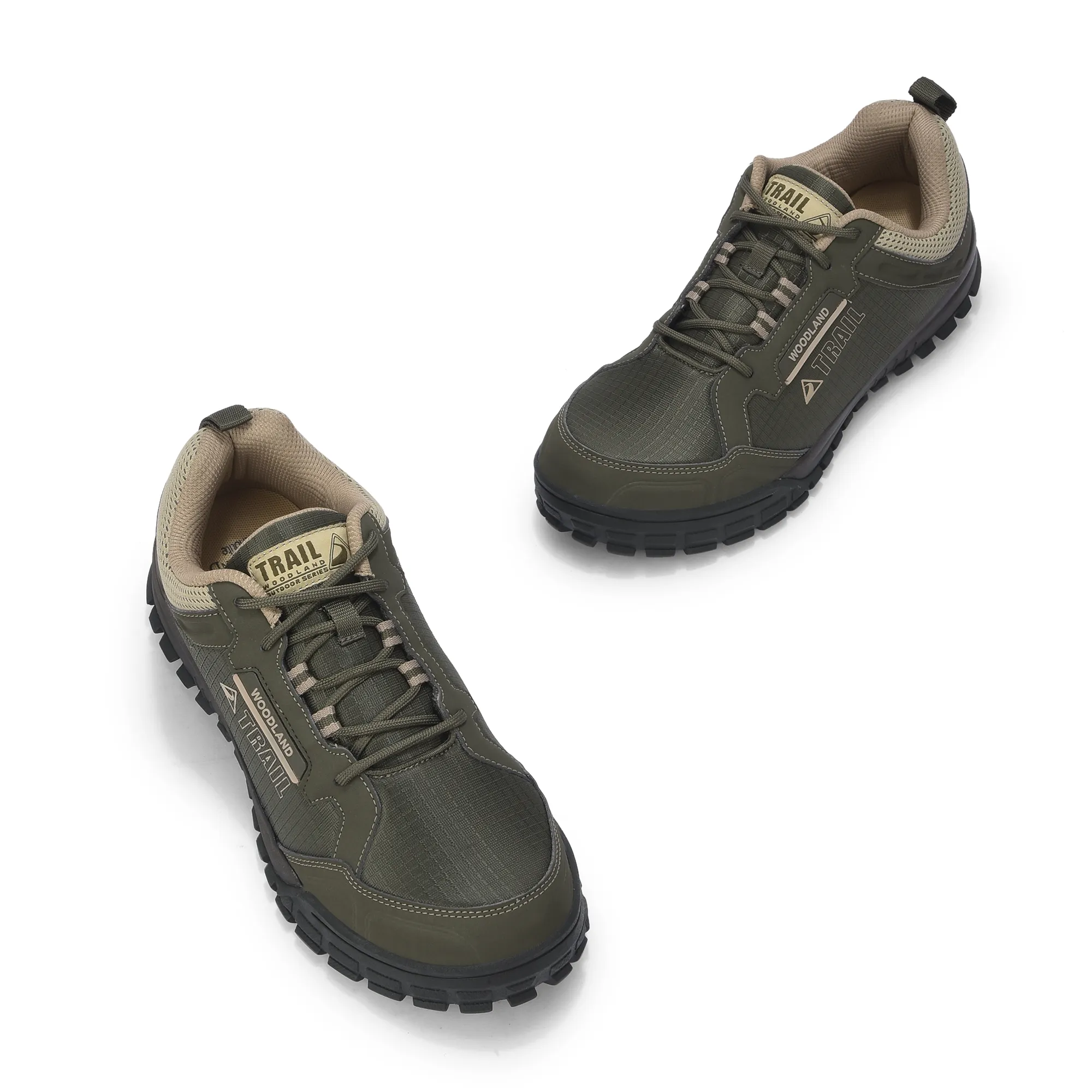 Woodland Men Olive Mesh PU Hiking Shoes - Thumbnail 2