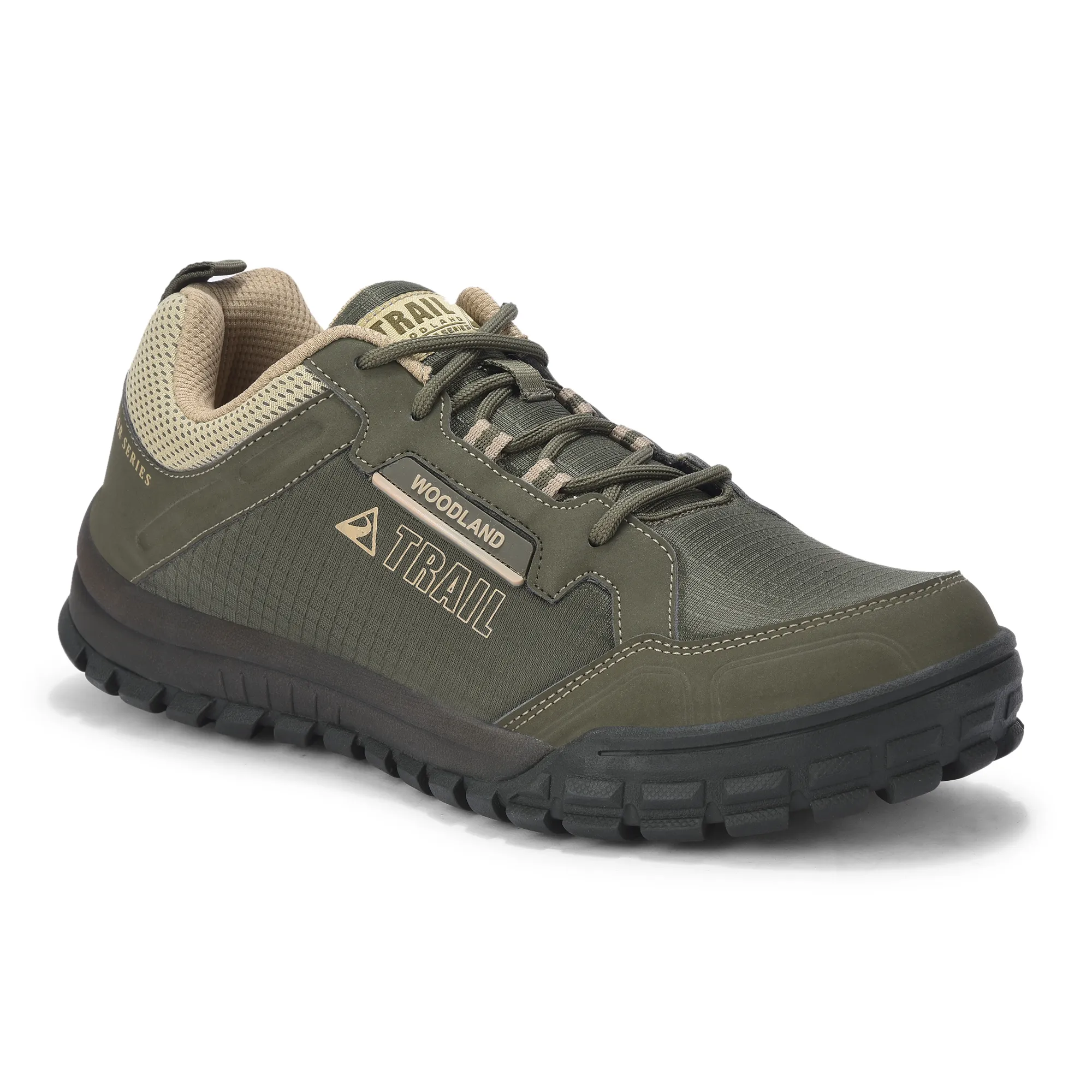Woodland Men Olive Mesh PU Hiking Shoes - Thumbnail 3