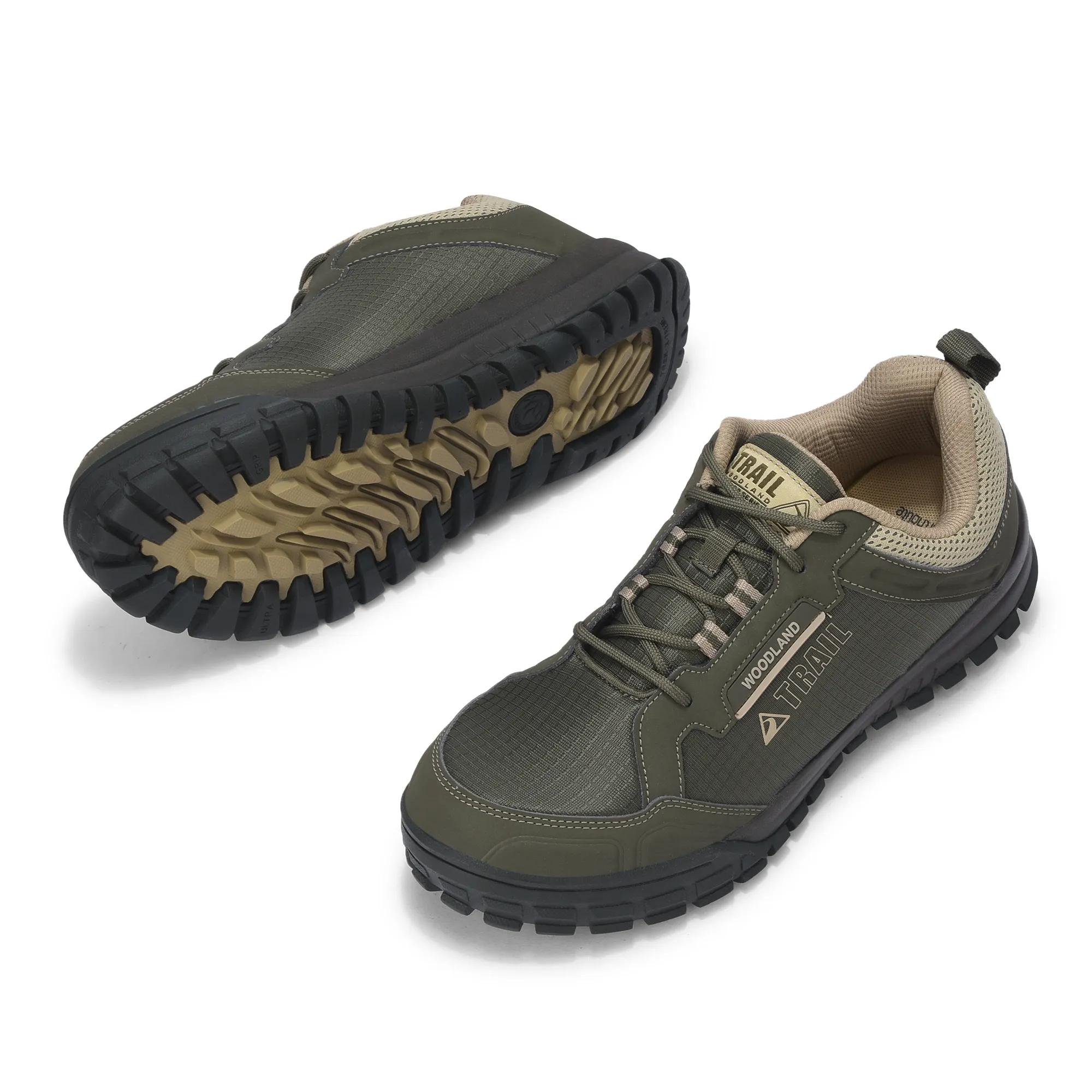 Woodland Men Olive Mesh PU Hiking Shoes - Thumbnail 5
