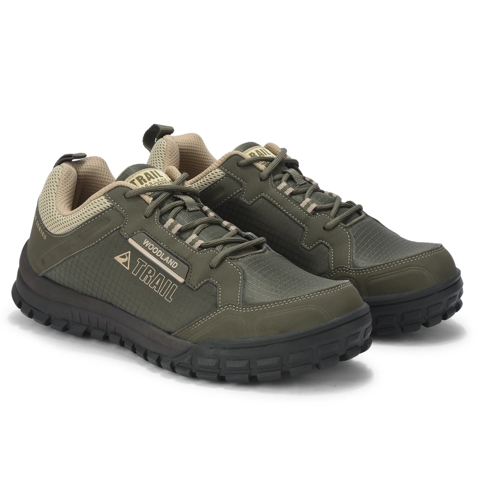 Woodland Men Olive Mesh PU Hiking Shoes - Thumbnail 7