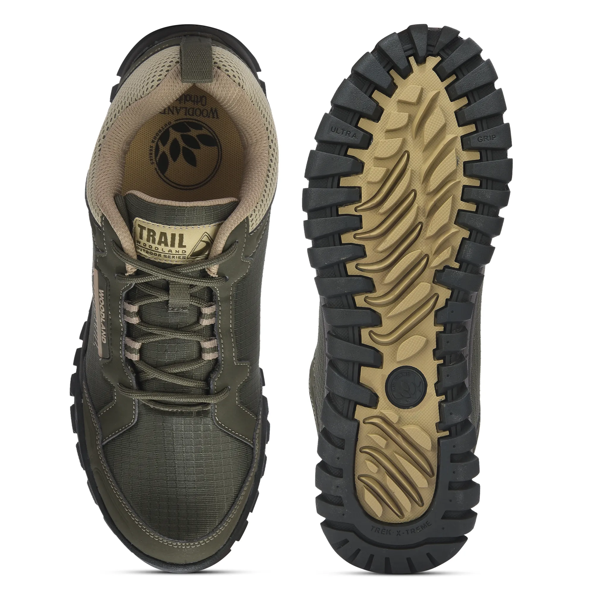 Woodland Men Olive Mesh PU Hiking Shoes - Thumbnail 8