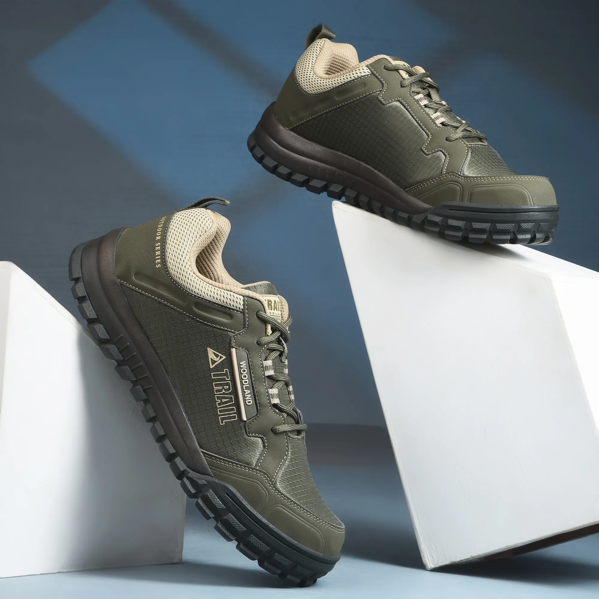 Woodland Men Olive Mesh PU Hiking Shoes - Thumbnail 9