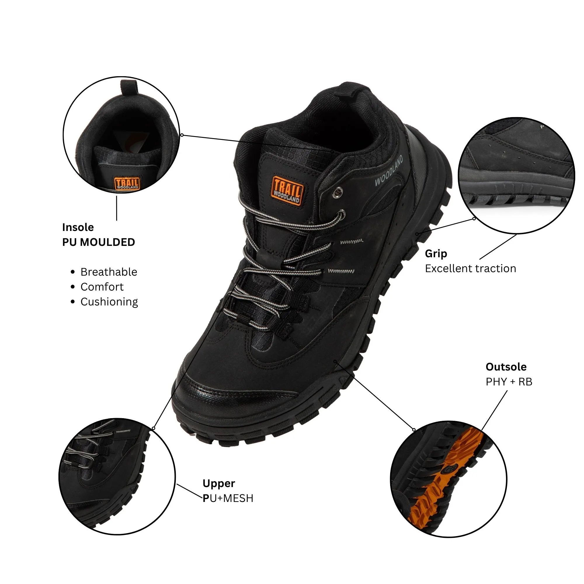 Woodland Men Black Outdoor Mid-Top Boots - Thumbnail 4