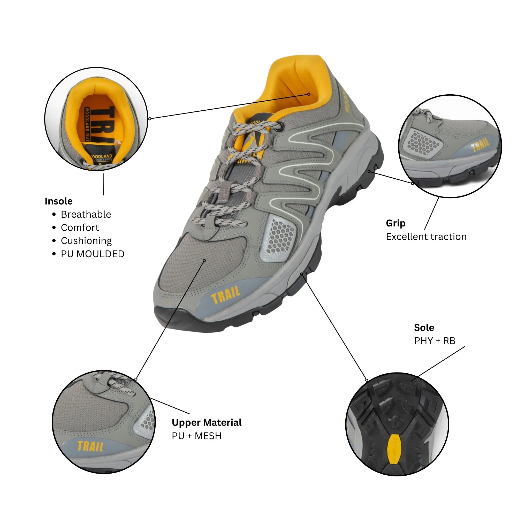 Woodland Men's Grey Trail Hike Shoes - Thumbnail 9