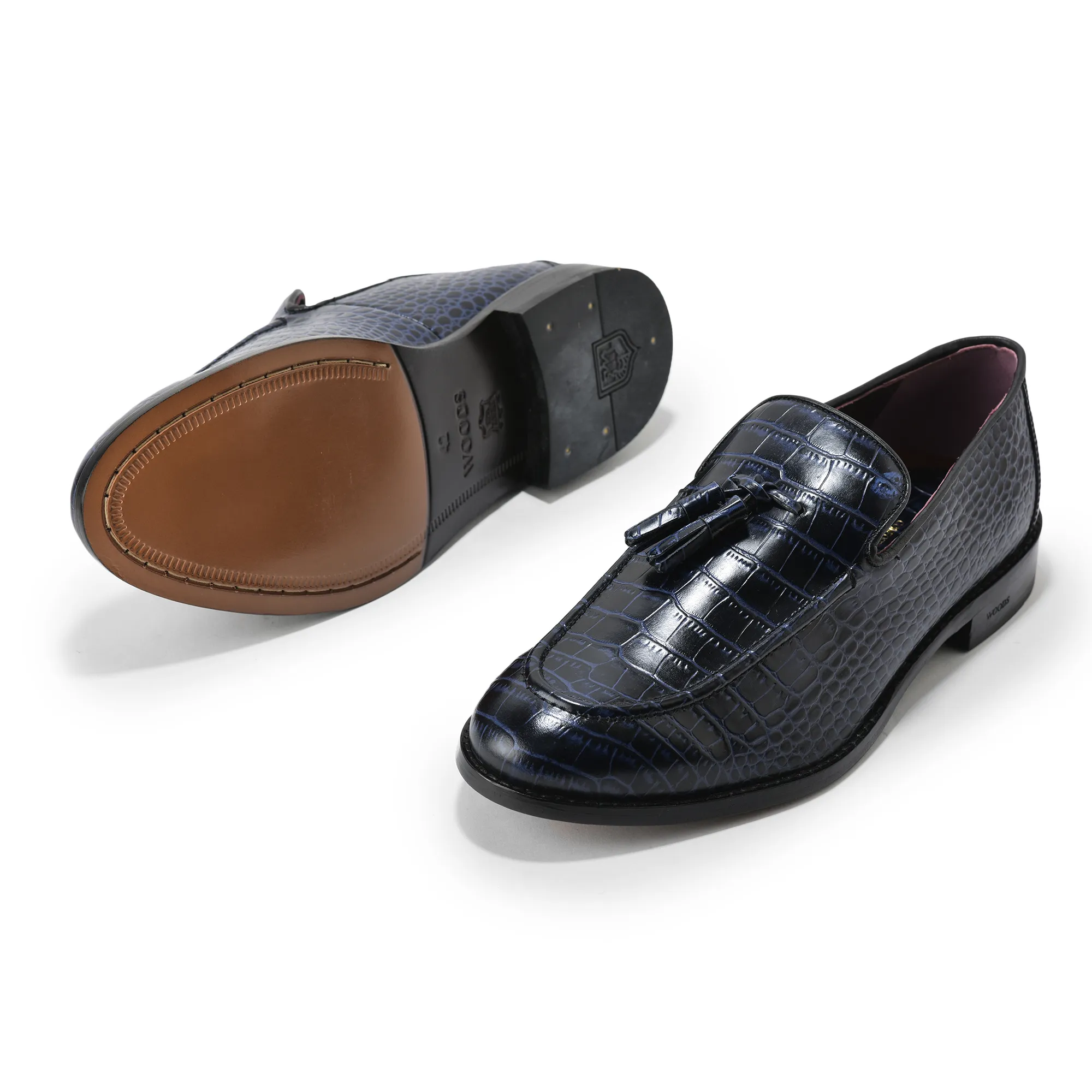 Embossed Crocodile Leather Blue Classic Lace Shoes - Thumbnail 4