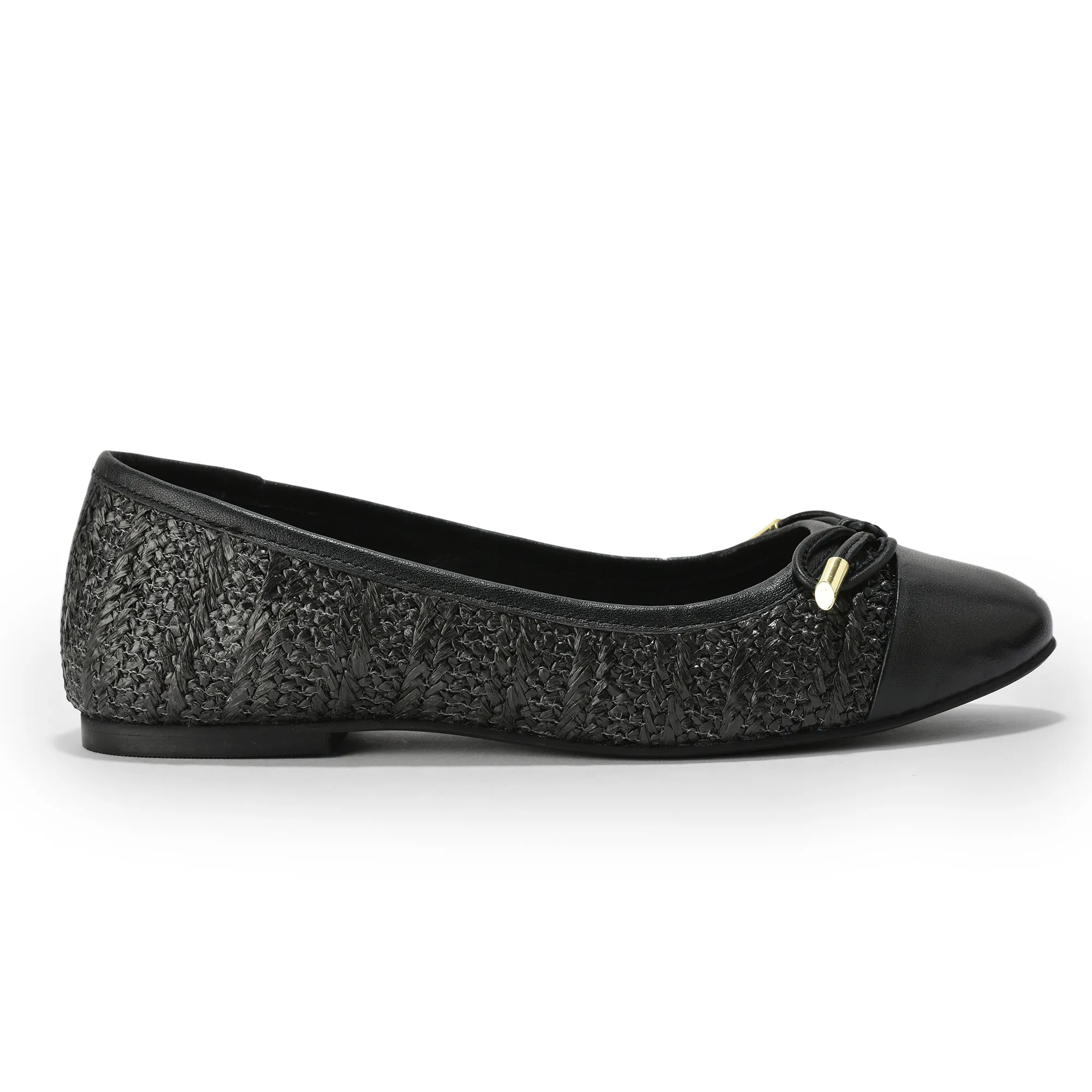 woodland-ladies-black-raffia-bow-bally-flats