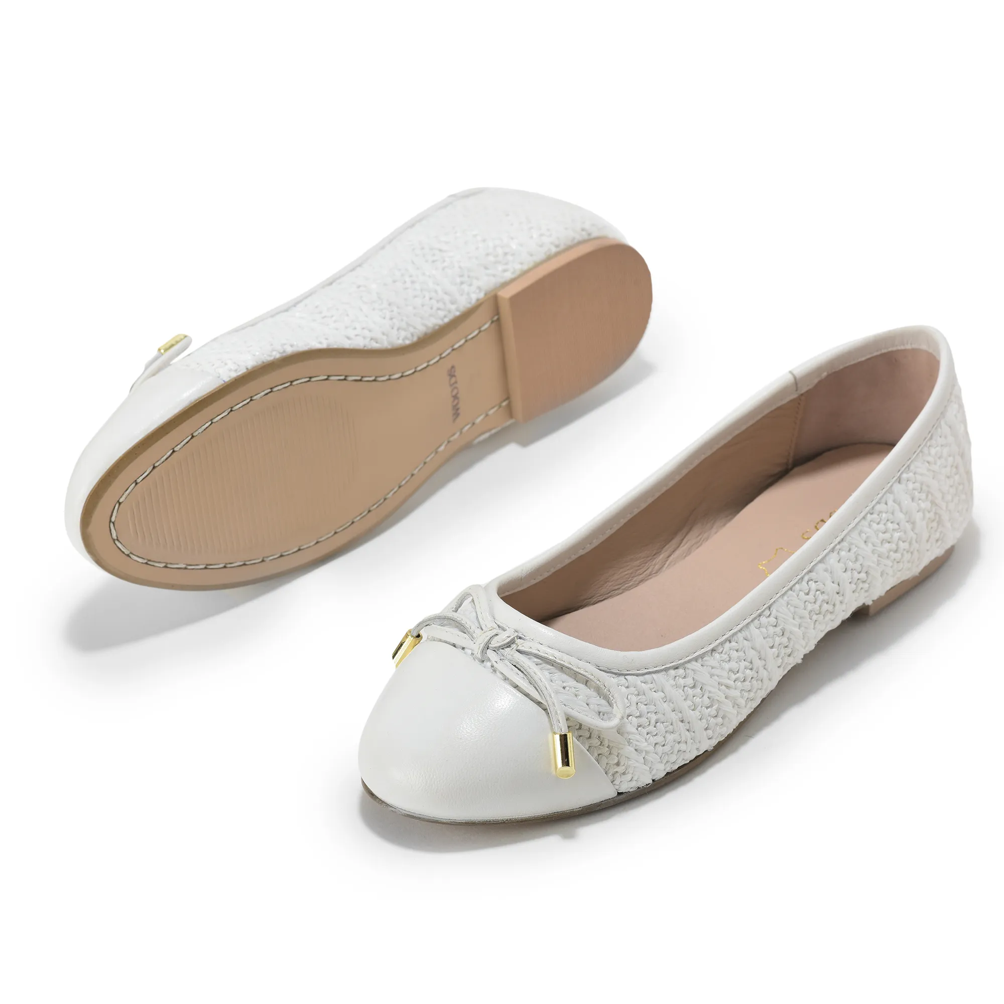 Woodland Ladies White  Raffia Bow Bally Flats - Thumbnail 4