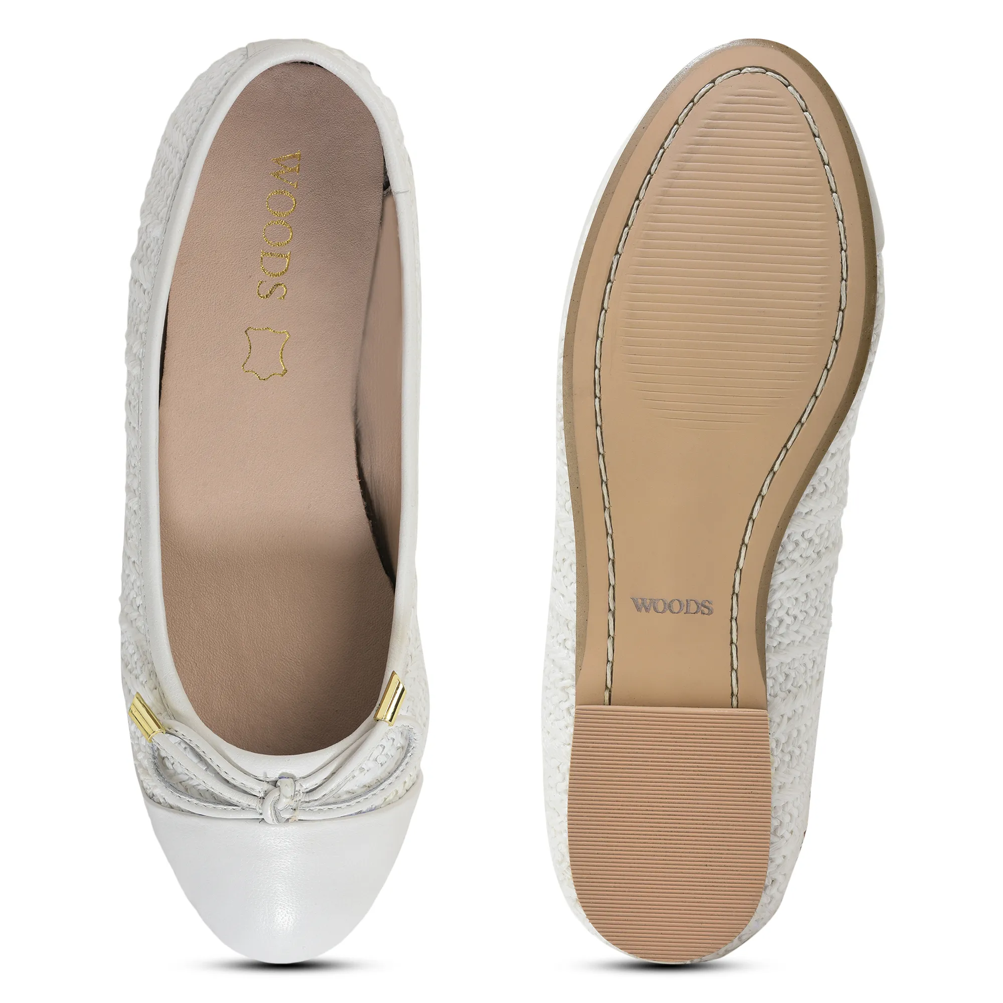 Woodland Ladies White  Raffia Bow Bally Flats - Thumbnail 7