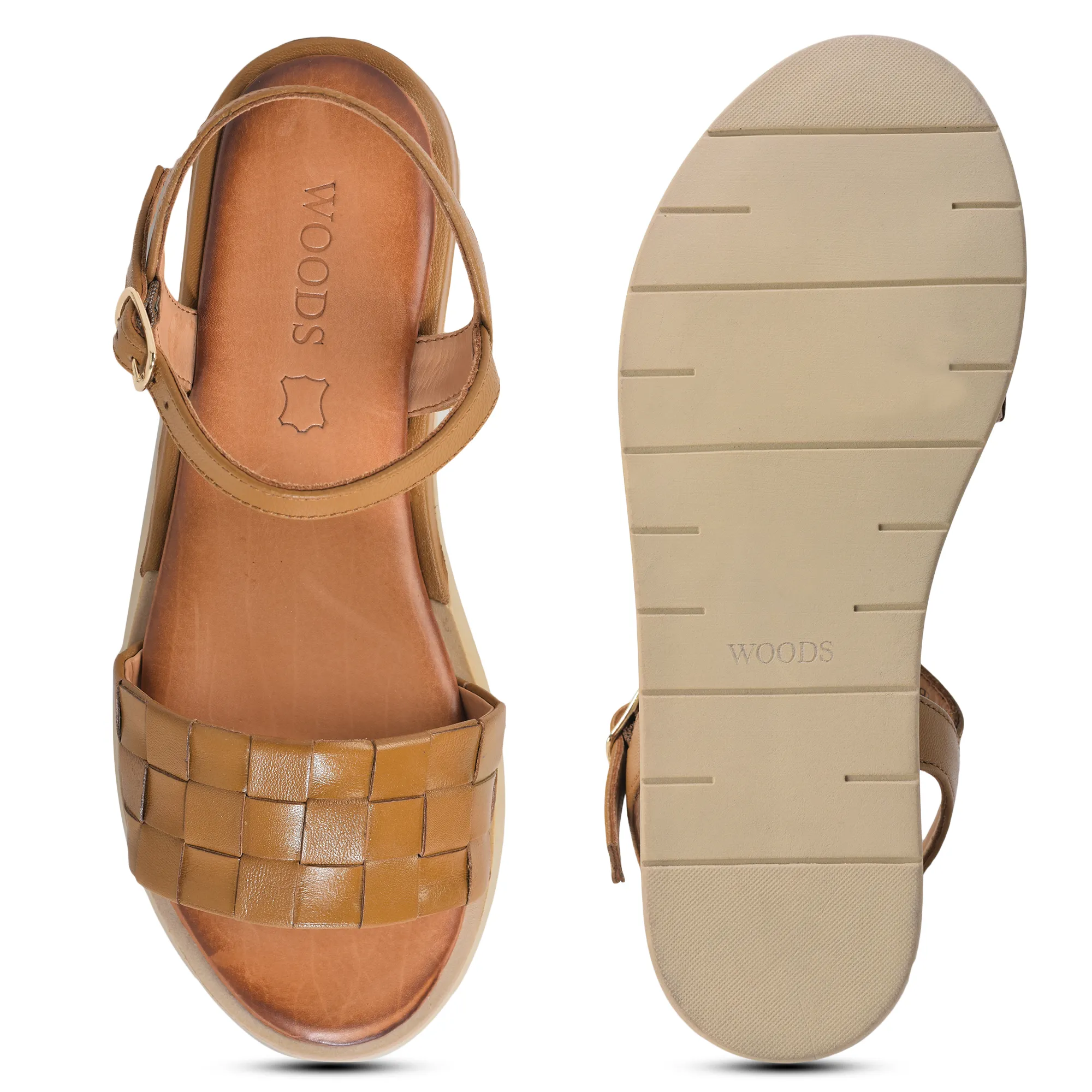 Woodland Ladies Tan Woven Leather Sandal - Thumbnail 7