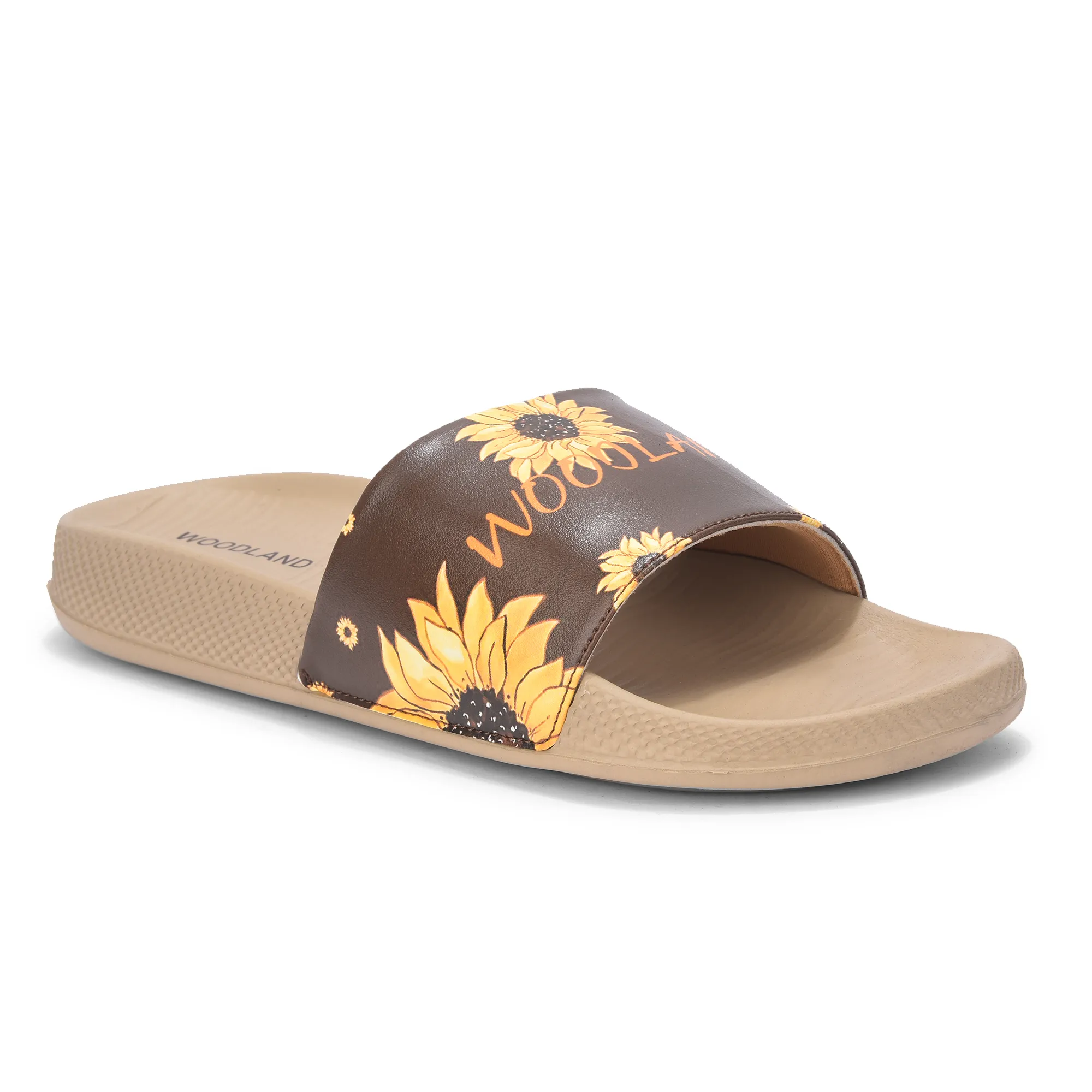 Women Khaki Sunflower PU Comfort Slide - Thumbnail 3