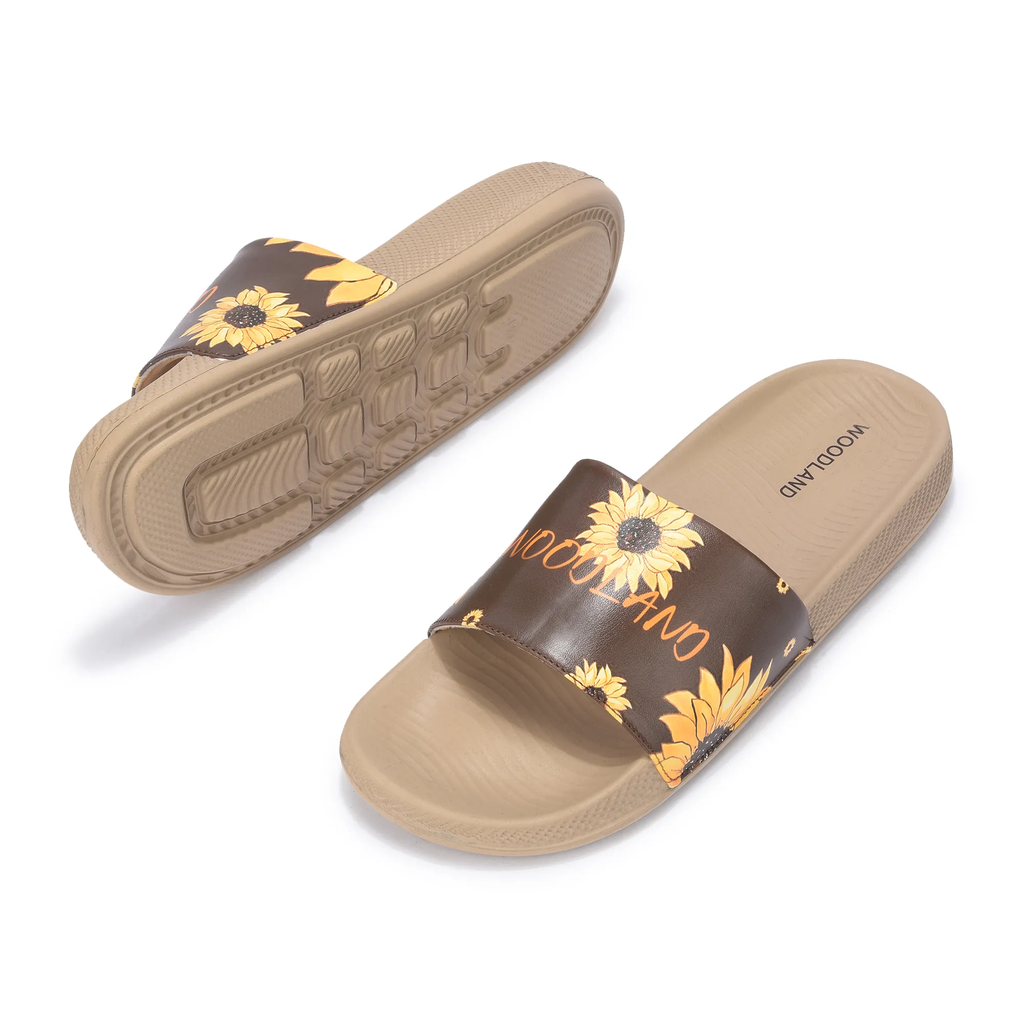 Women Khaki Sunflower PU Comfort Slide - Thumbnail 5