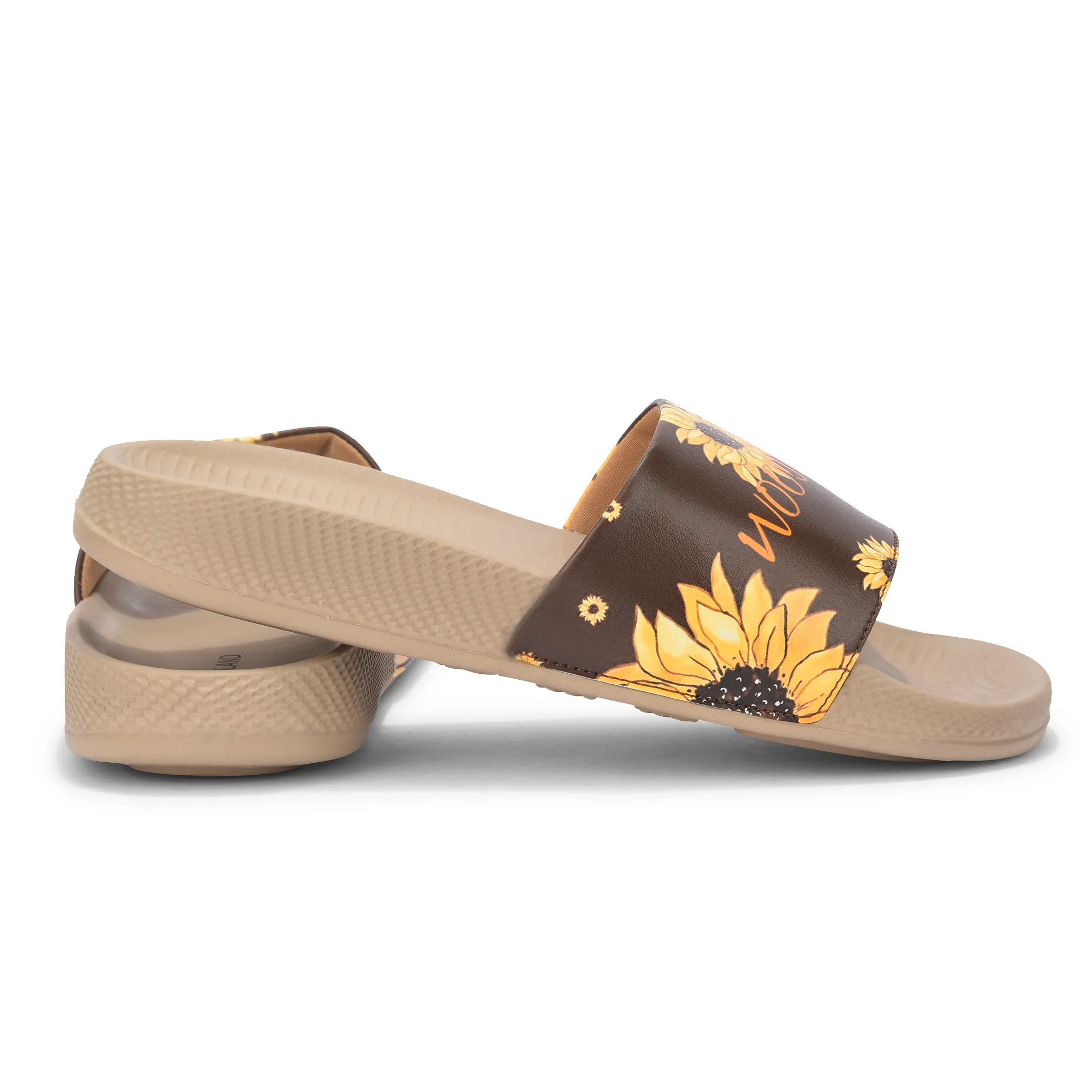 Women Khaki Sunflower PU Comfort Slide - Thumbnail 10