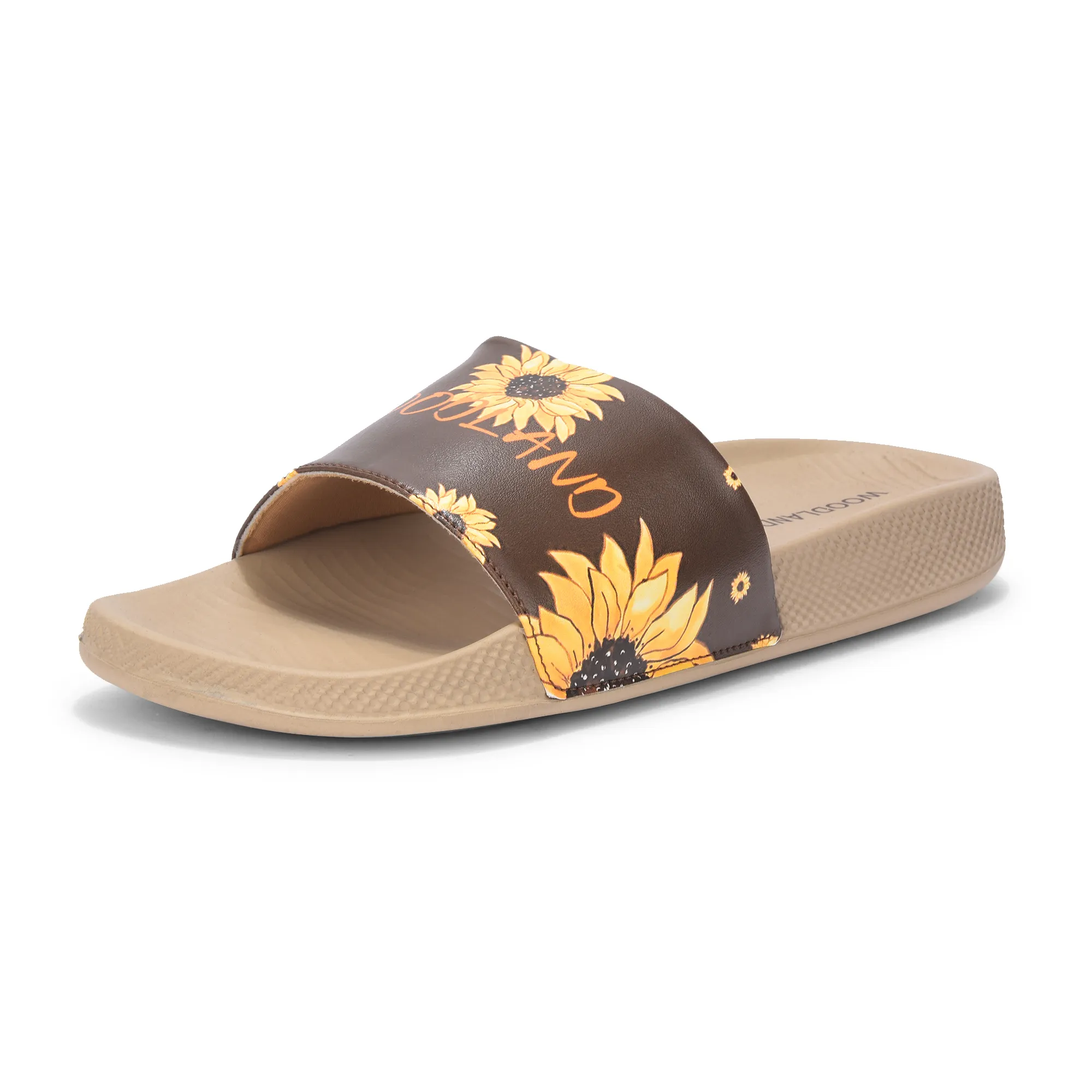 Women Khaki Sunflower PU Comfort Slide - Thumbnail 11