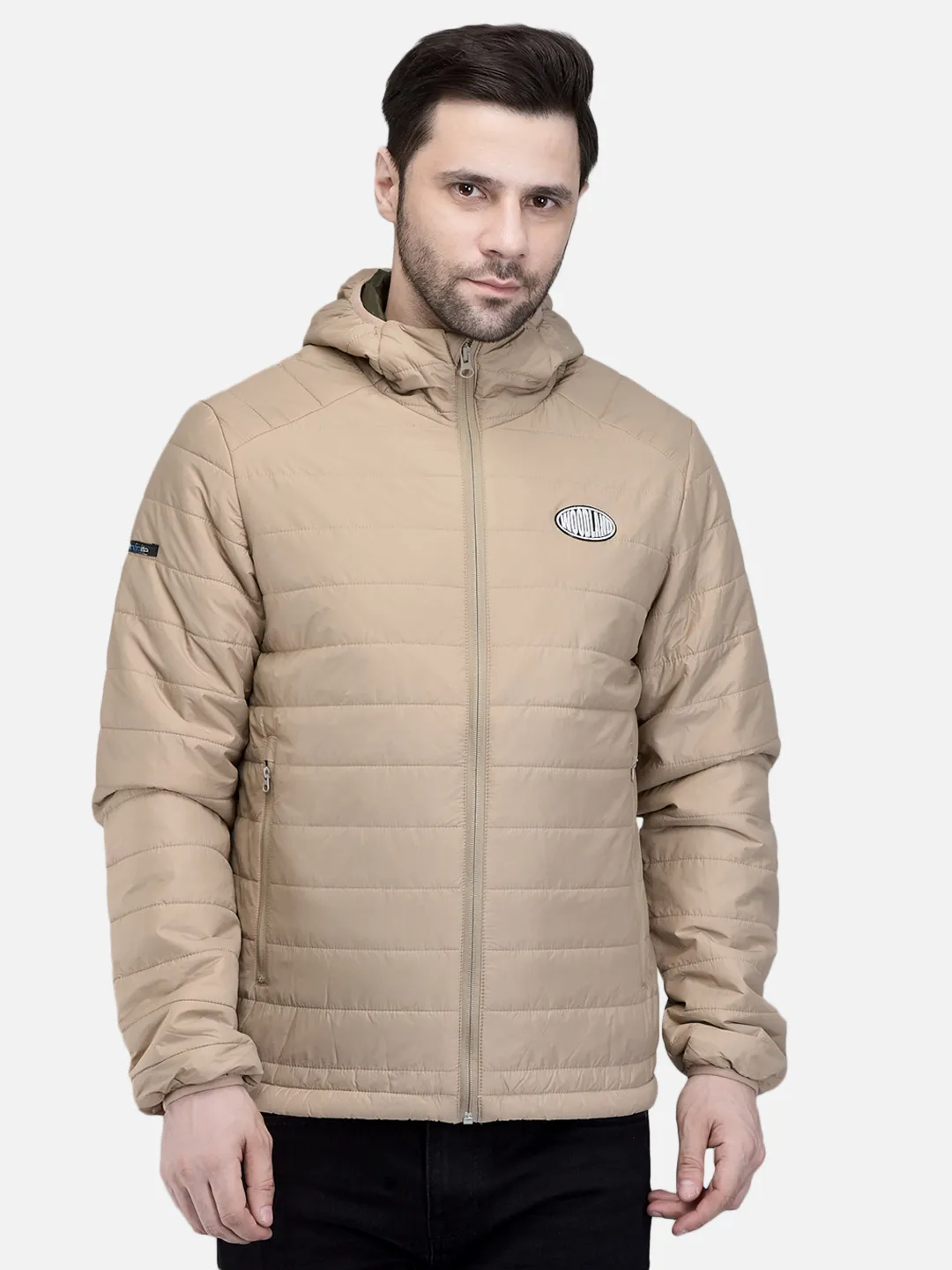 Woodland Men Beige/Dolive Nylon Hooded Puffer Jacket