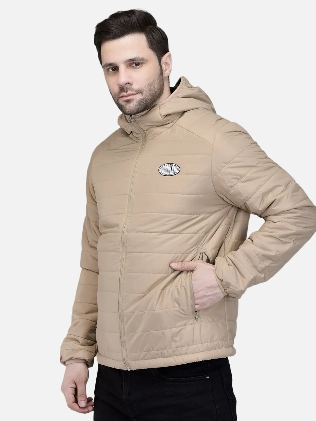 Woodland Men Beige/Dolive Nylon Hooded Puffer Jacket 2