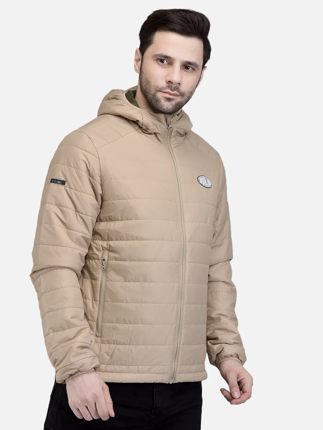 Woodland Men Beige/Dolive Nylon Hooded Puffer Jacket 3