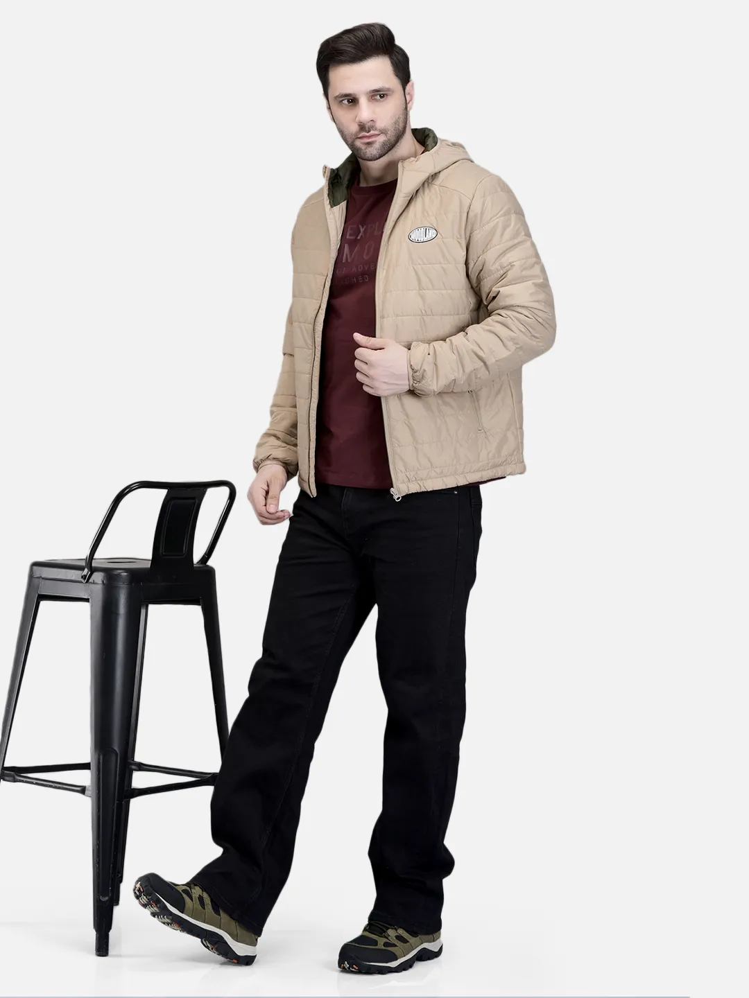 Woodland Men Beige/Dolive Nylon Hooded Puffer Jacket 7