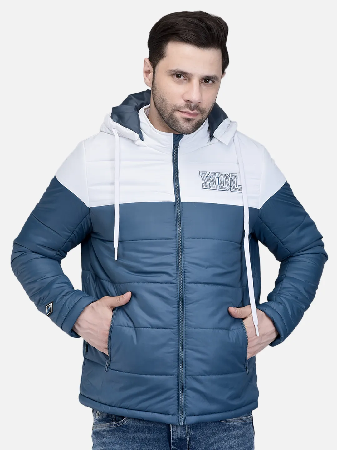 Men Teal/White Polyester Quilted Winter Jacket